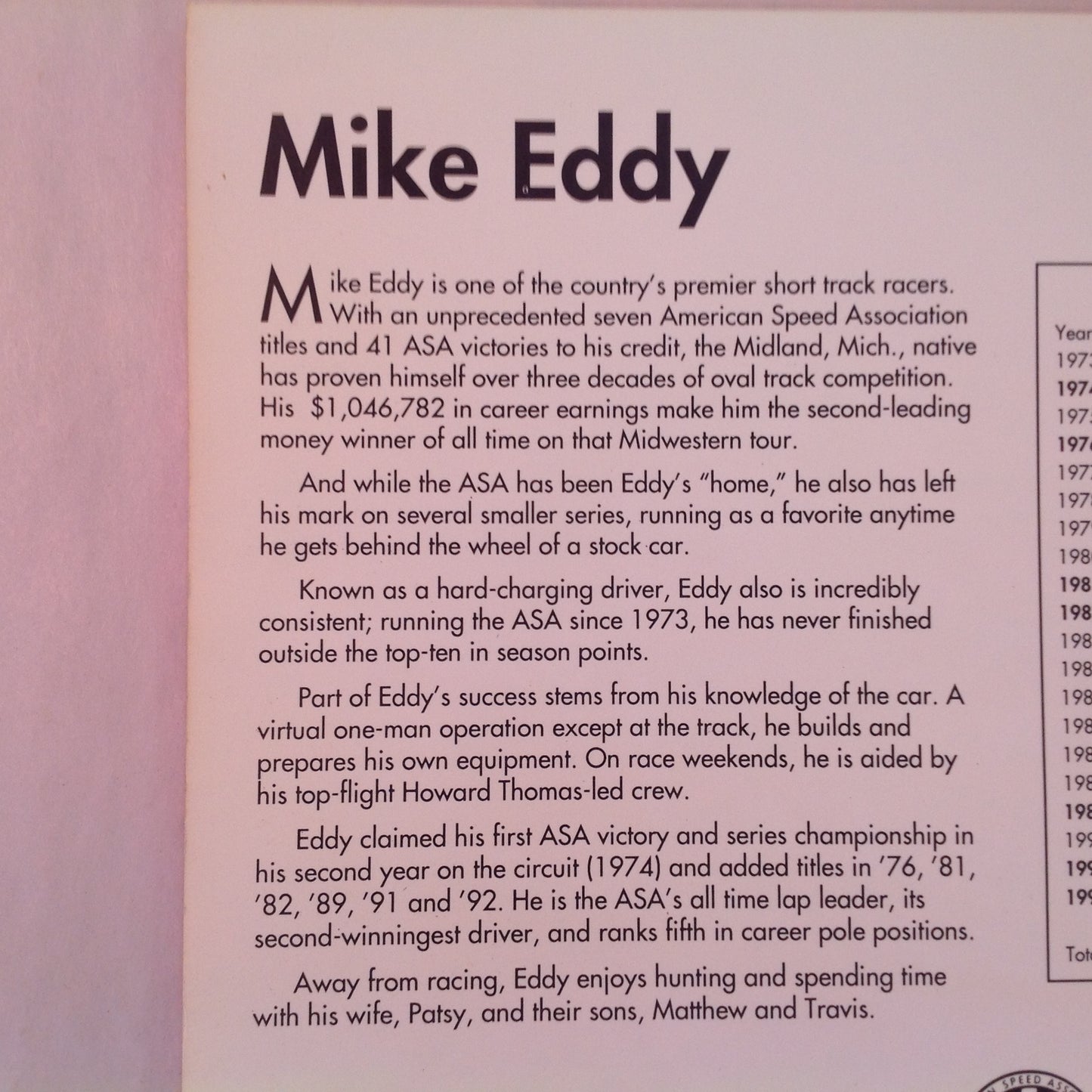 Vintage 1992 American Speed Ass'n ASA AC-Delco Goodwrench Racing Mike Eddy Hero Card