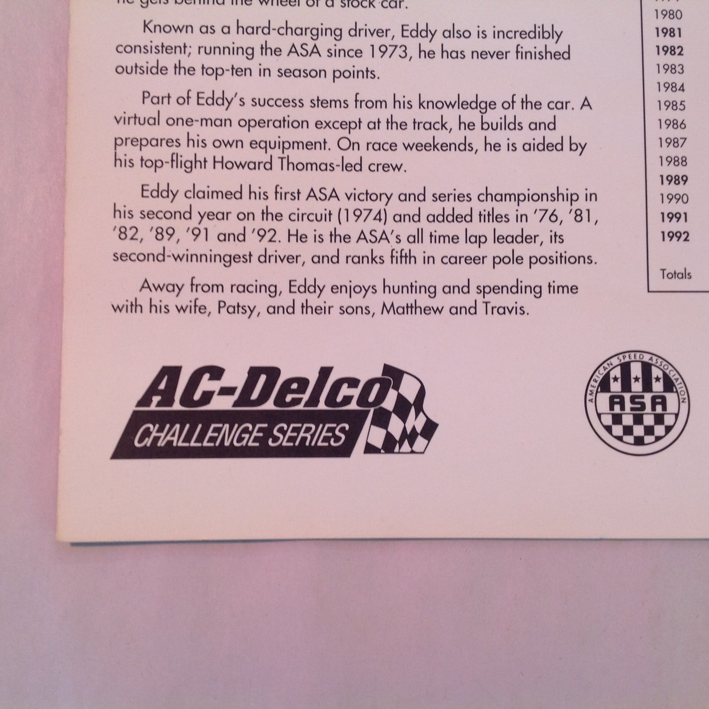Vintage 1992 American Speed Ass'n ASA AC-Delco Goodwrench Racing Mike Eddy Hero Card
