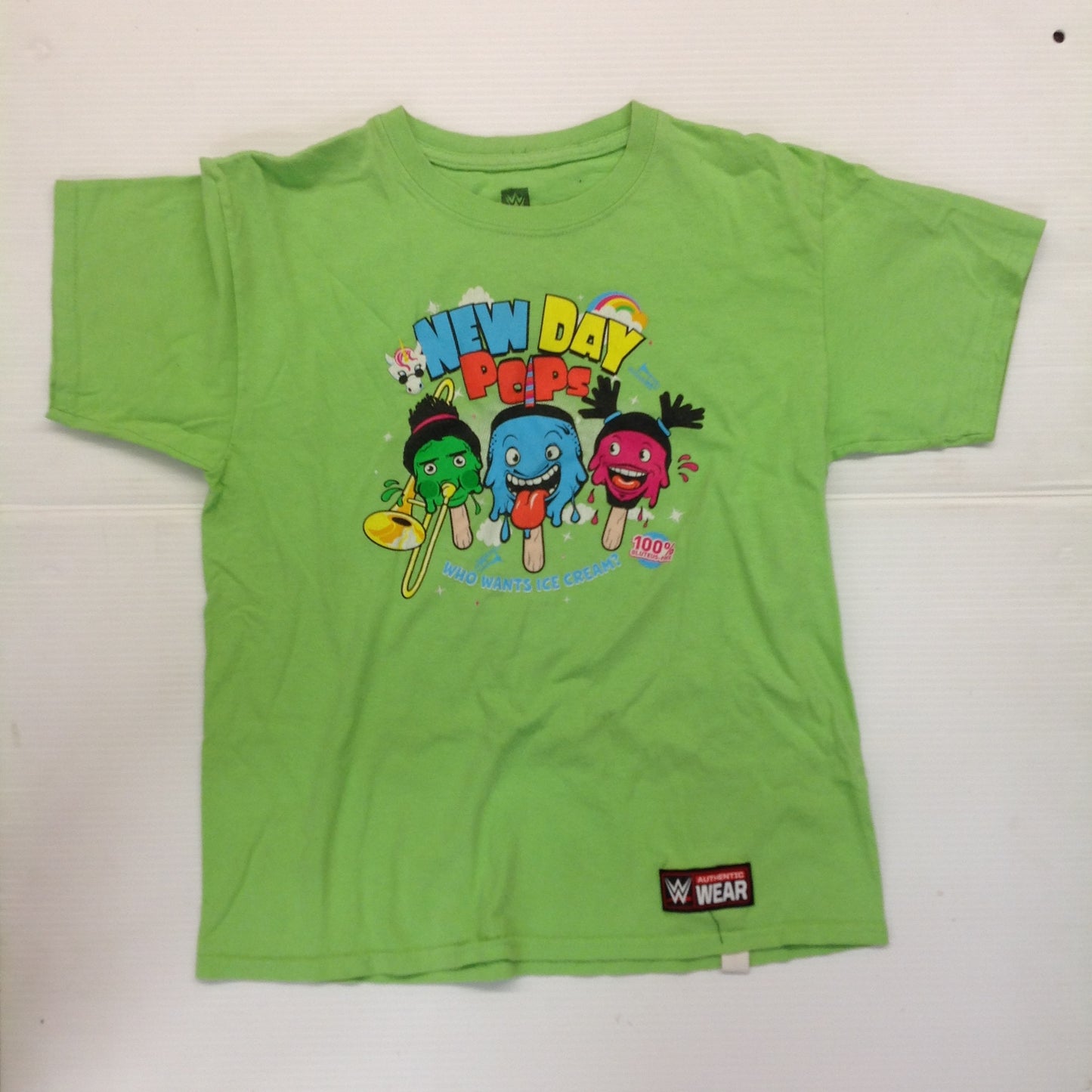 2013 WWE WWF Authentic Youth Large T-Shirt The New Day Pops Unicorn Kofi Kingston Xavier Woods Big E NXT Who Wants Ice Cream Gluteus Free Green
