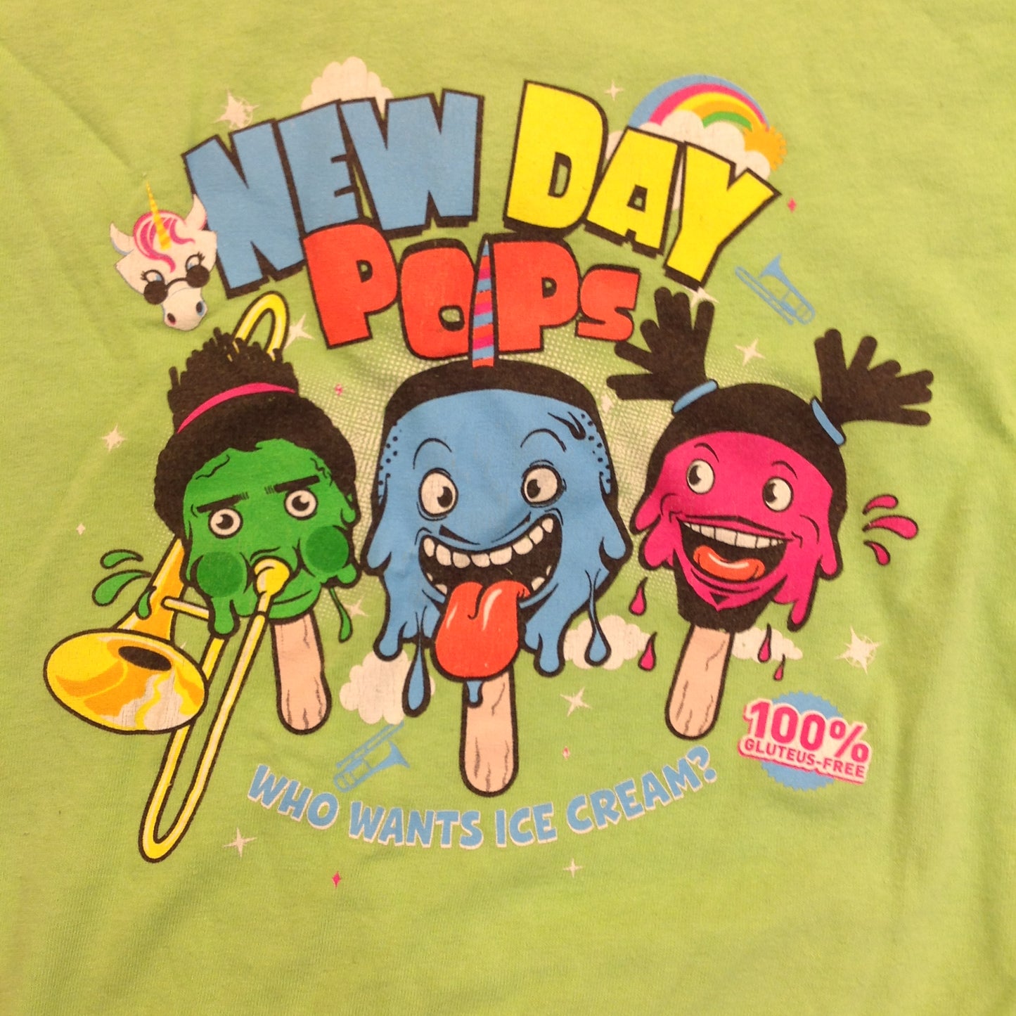 2013 WWE WWF Authentic Youth Large T-Shirt The New Day Pops Unicorn Kofi Kingston Xavier Woods Big E NXT Who Wants Ice Cream Gluteus Free Green