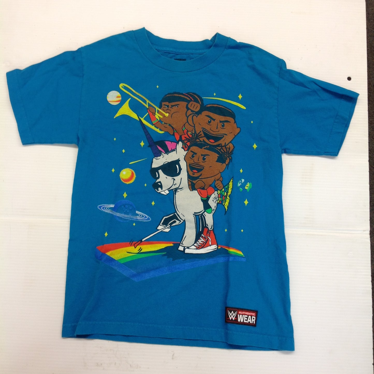 2010's WWE WWF Authentic Child Small T-Shirt The New Day Unicorn Kofi Kingston Xavier Woods Big E NXT Blue