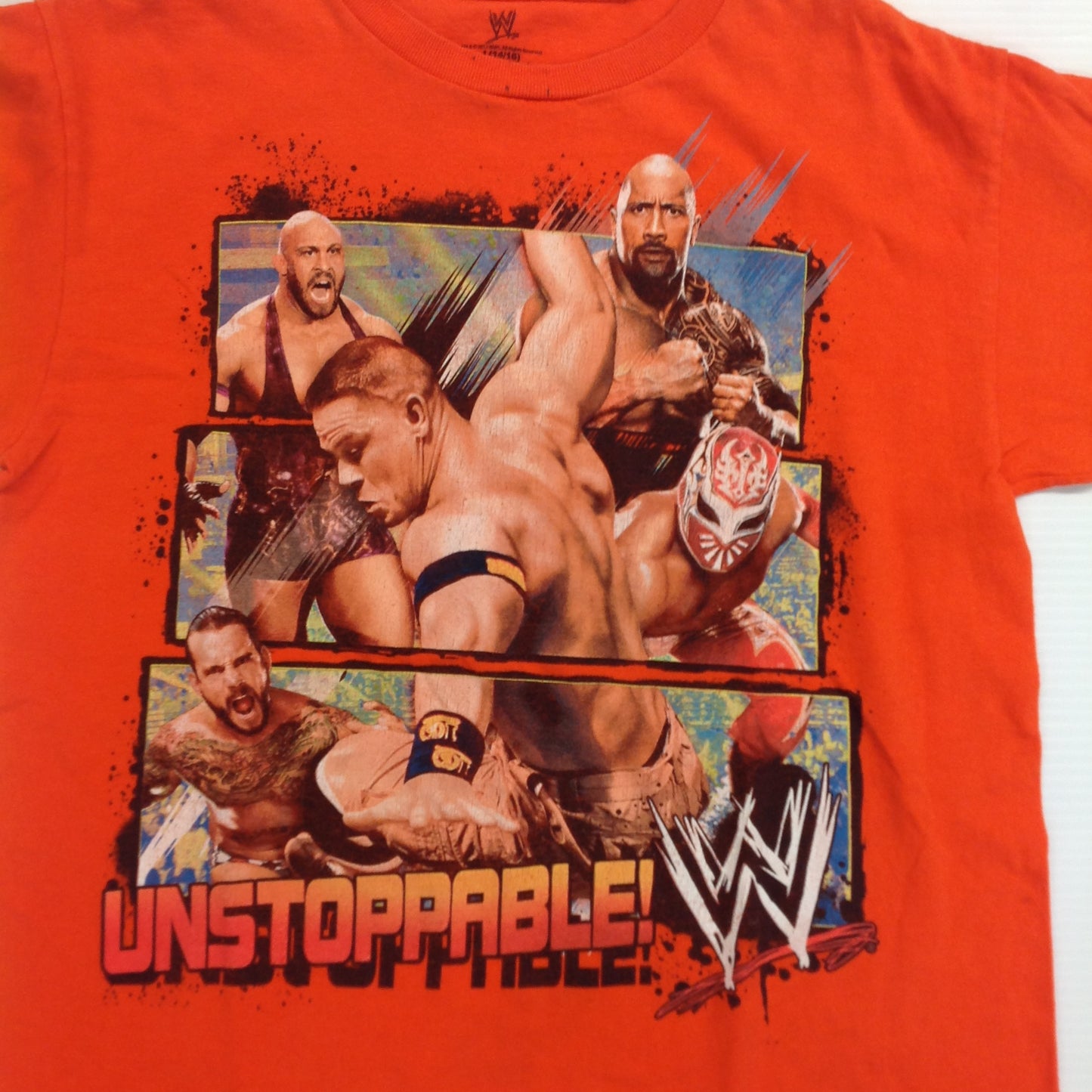 2013 WWE WWF Child's Large T-Shirt Orange Unstoppable John Cena The Rock Montage