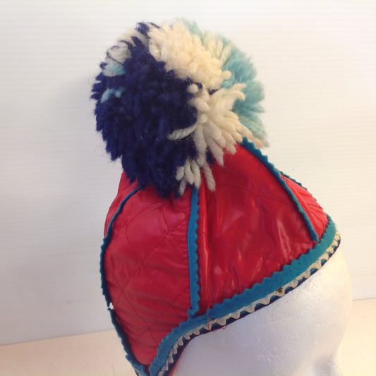 Vintage Red Obo Child Infant Toddler Strap Pom Pom Winter Hat Cap