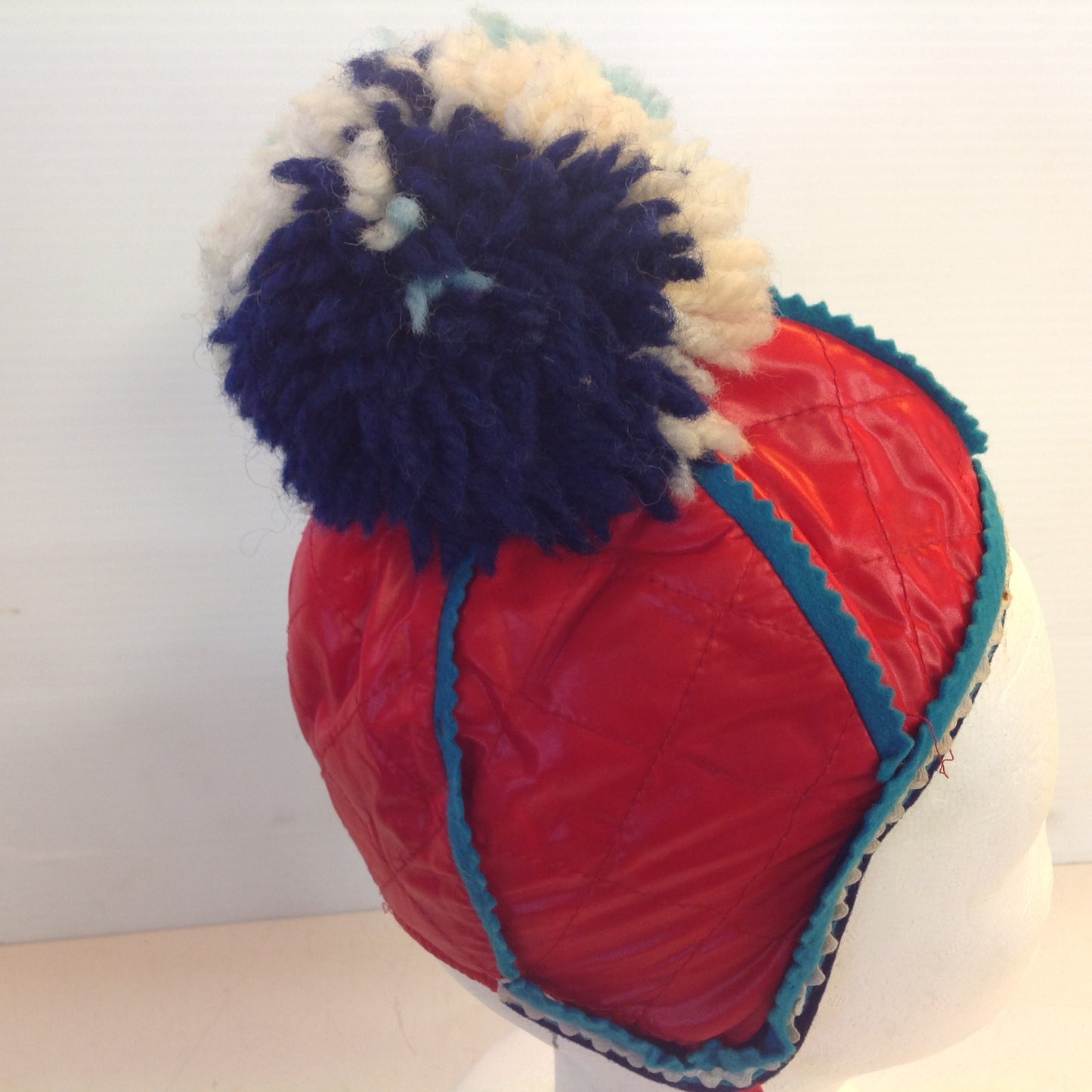 Vintage Red Obo Child Infant Toddler Strap Pom Pom Winter Hat Cap