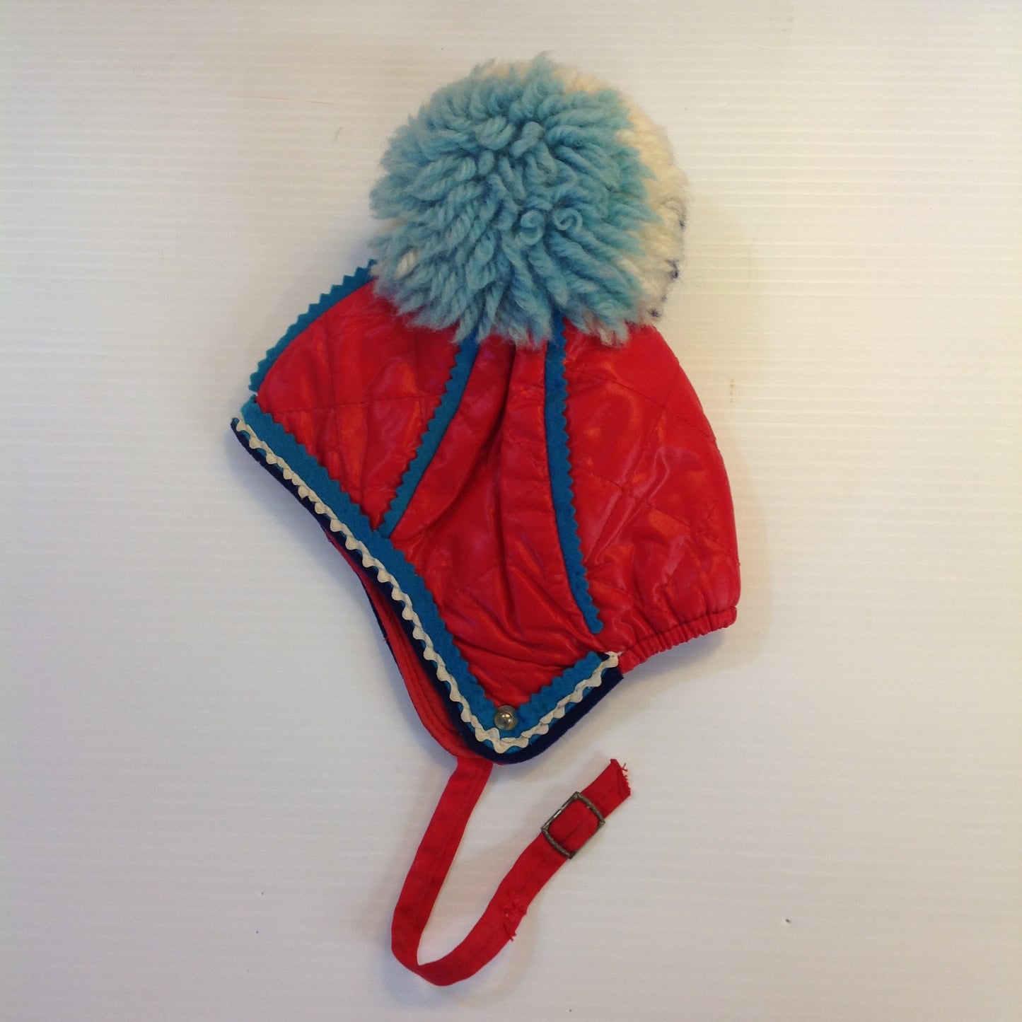 Vintage Red Obo Child Infant Toddler Strap Pom Pom Winter Hat Cap