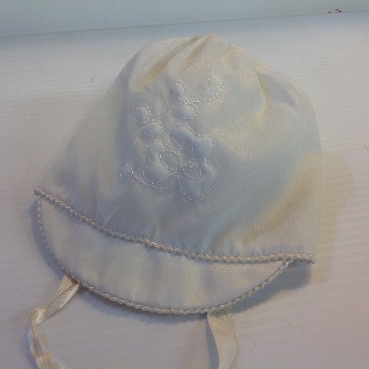 Vintage White Cotton Baby Cap Quilted Flower Satin Ribbons