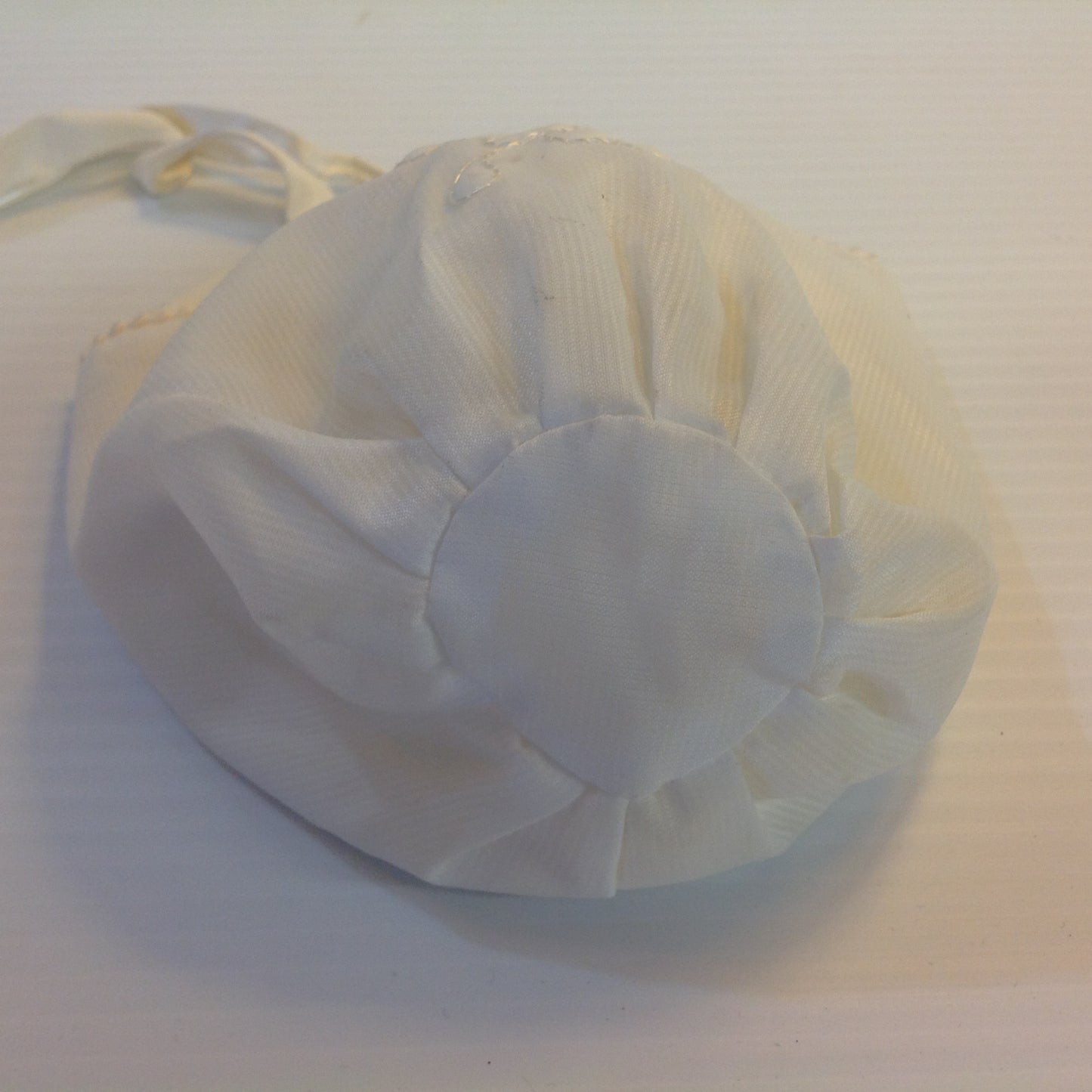 Vintage White Cotton Baby Cap Quilted Flower Satin Ribbons