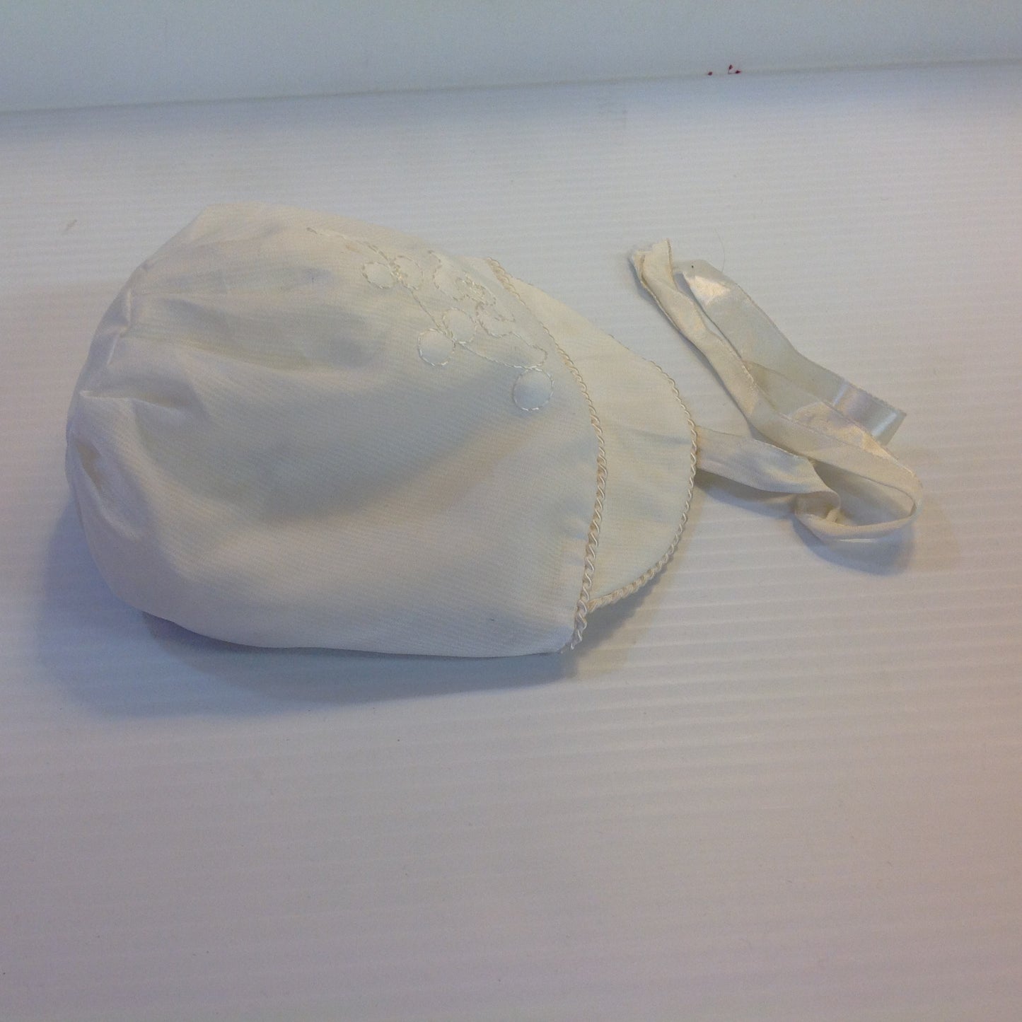 Vintage White Cotton Baby Cap Quilted Flower Satin Ribbons