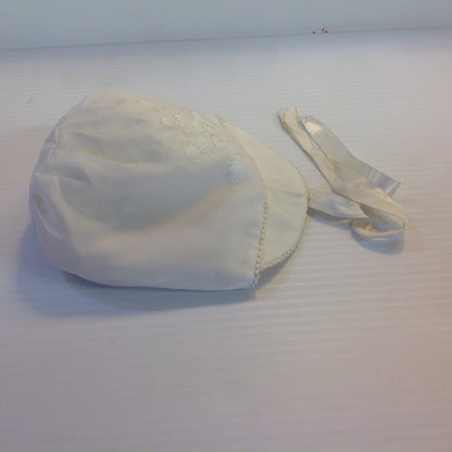 Vintage White Cotton Baby Cap Quilted Flower Satin Ribbons