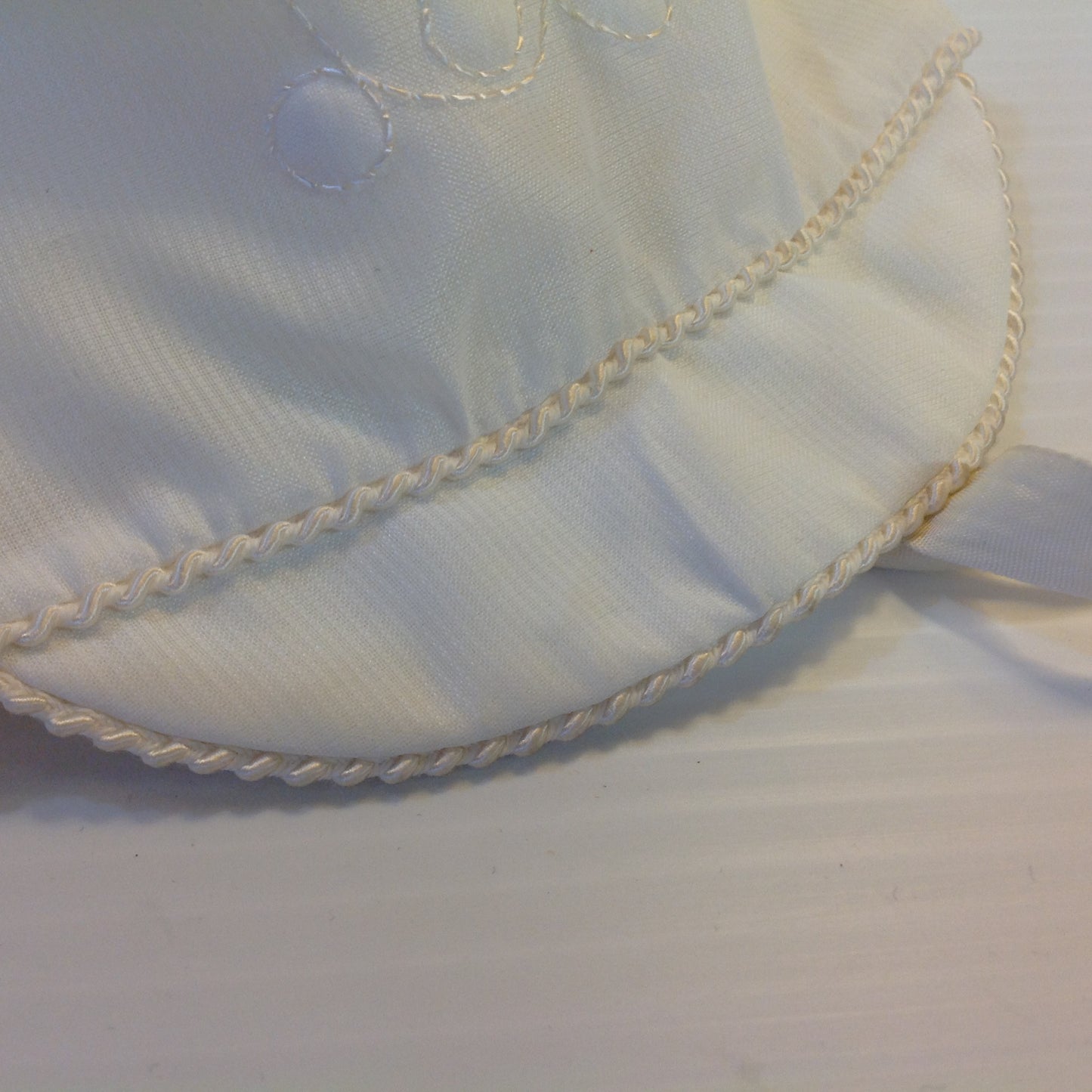 Vintage White Cotton Baby Cap Quilted Flower Satin Ribbons