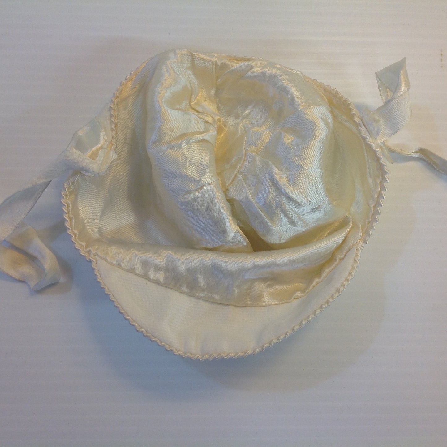 Vintage White Cotton Baby Cap Quilted Flower Satin Ribbons