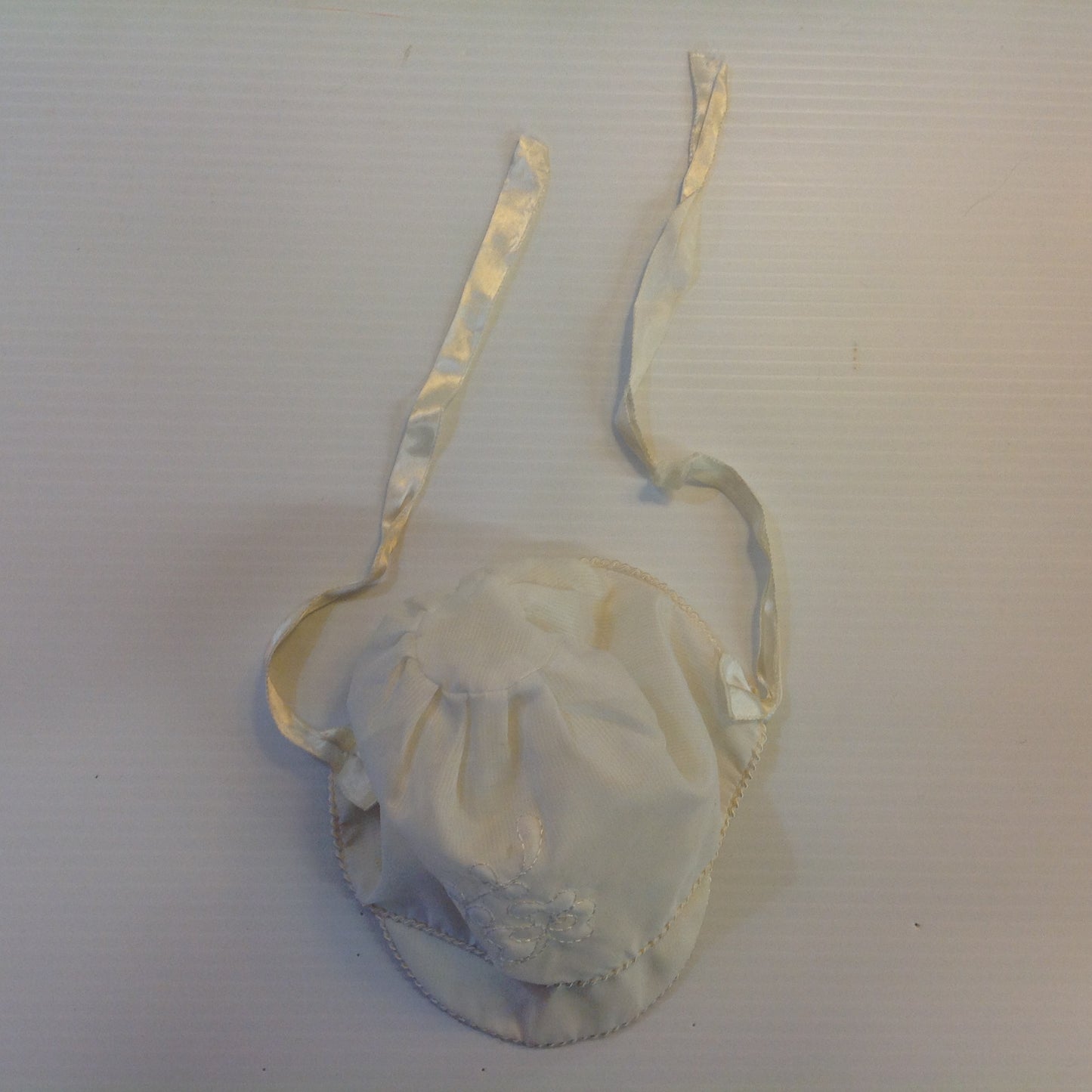 Vintage White Cotton Baby Cap Quilted Flower Satin Ribbons
