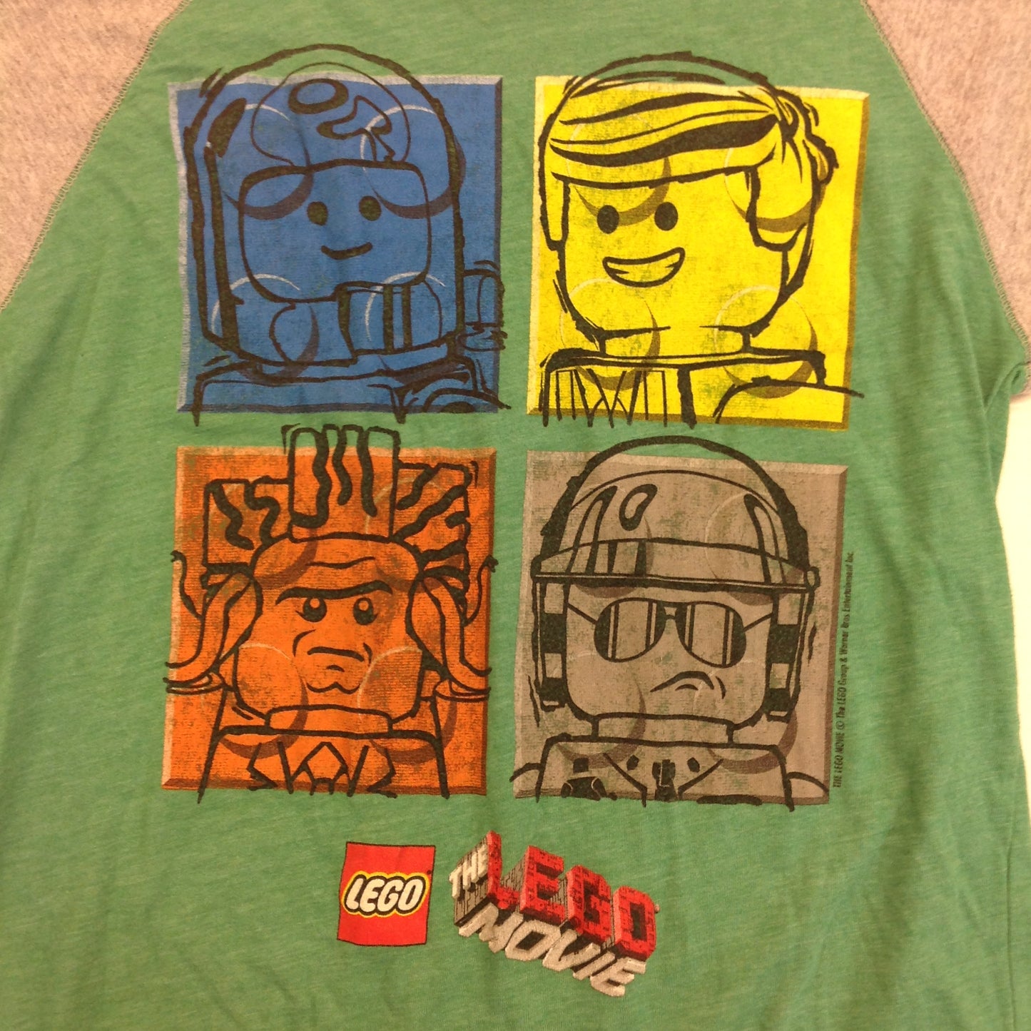 2014 Child Large The LEGO Movie Long Sleeve T-Shirt Benny Emmett Lord Business Bad Cop 4 Panel Gray Green