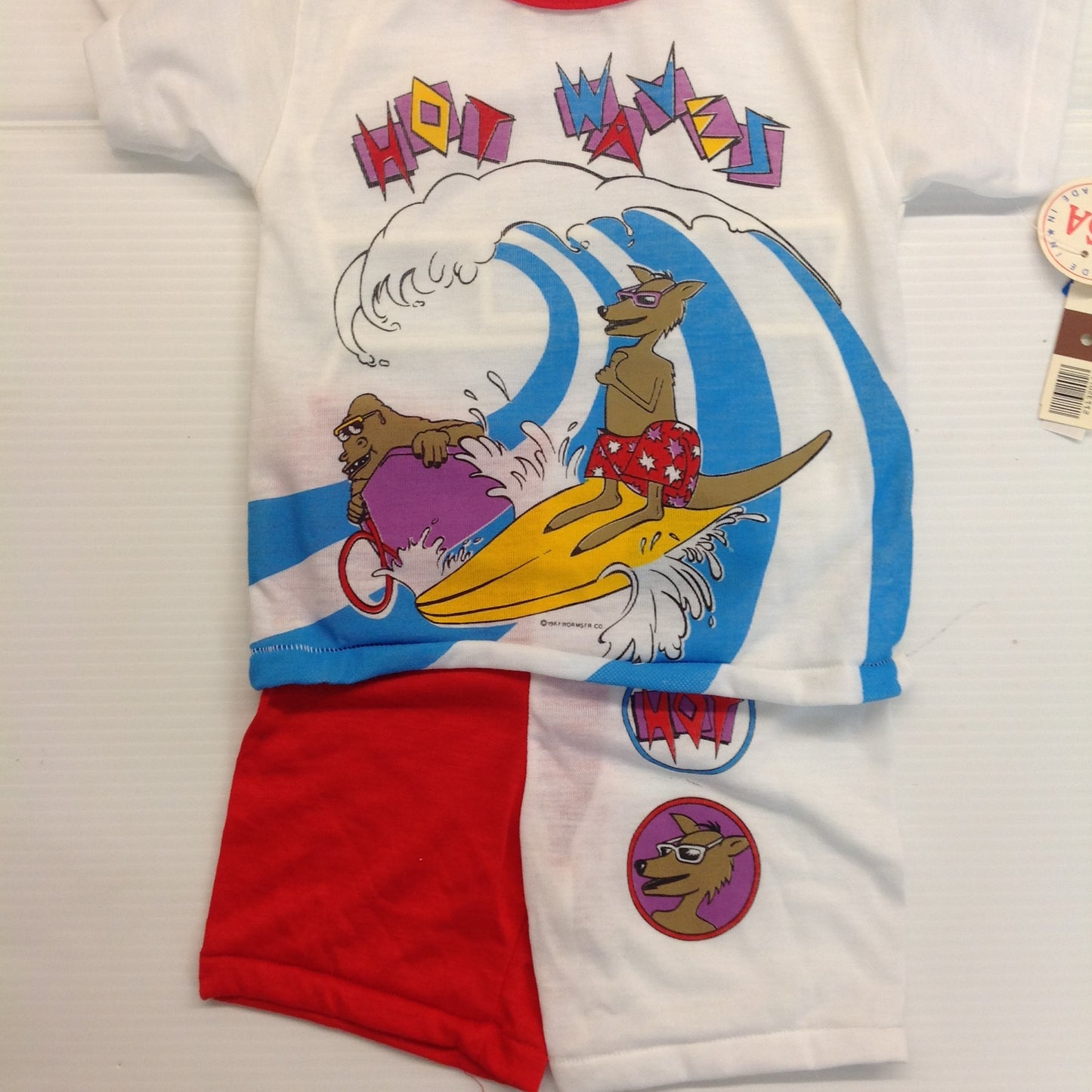 Vintage Wormserwear Child's 2Pc Pajama Top Shorts Hot Waves Gorilla Kangaroo Surf 3T New with Tags