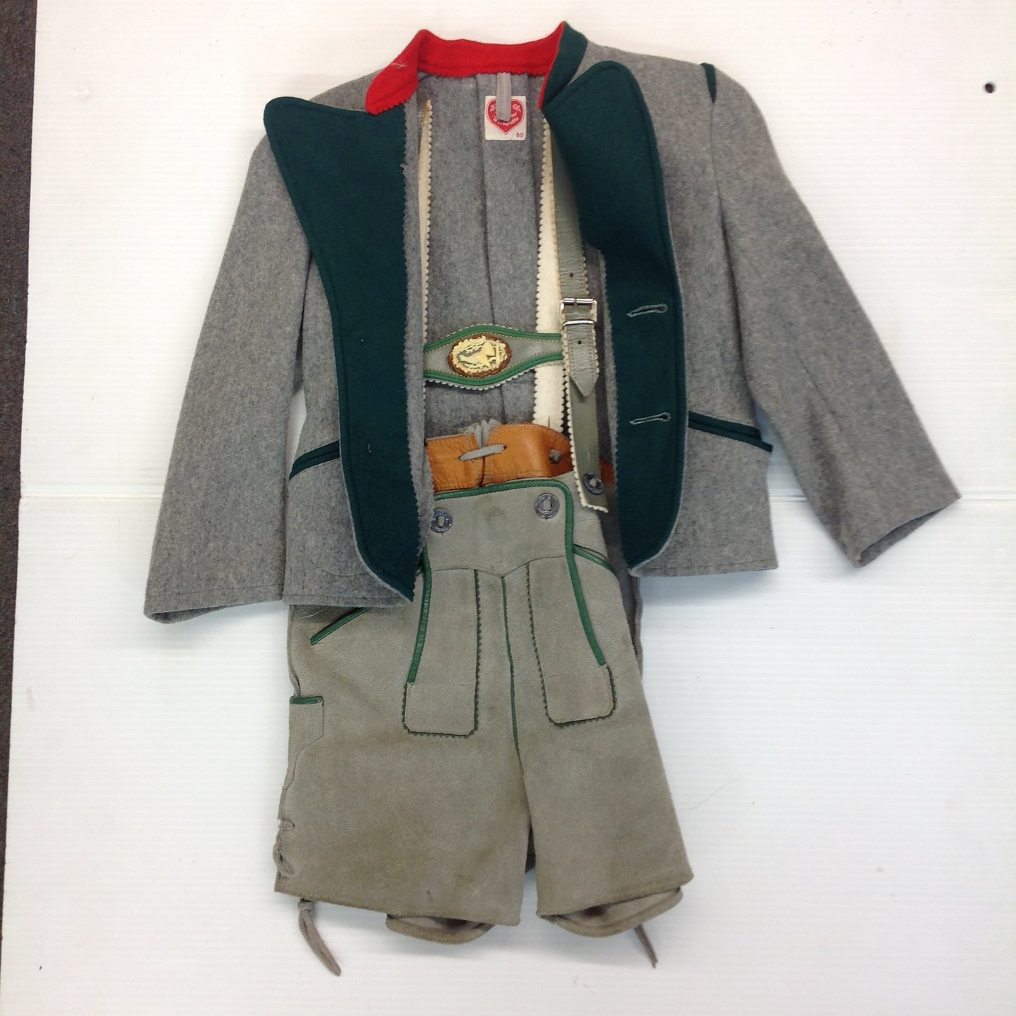 Vintage 2Pc Child's Weiner Werkstatte Lederhosen and Jacket Gray Red Green Wool Suede