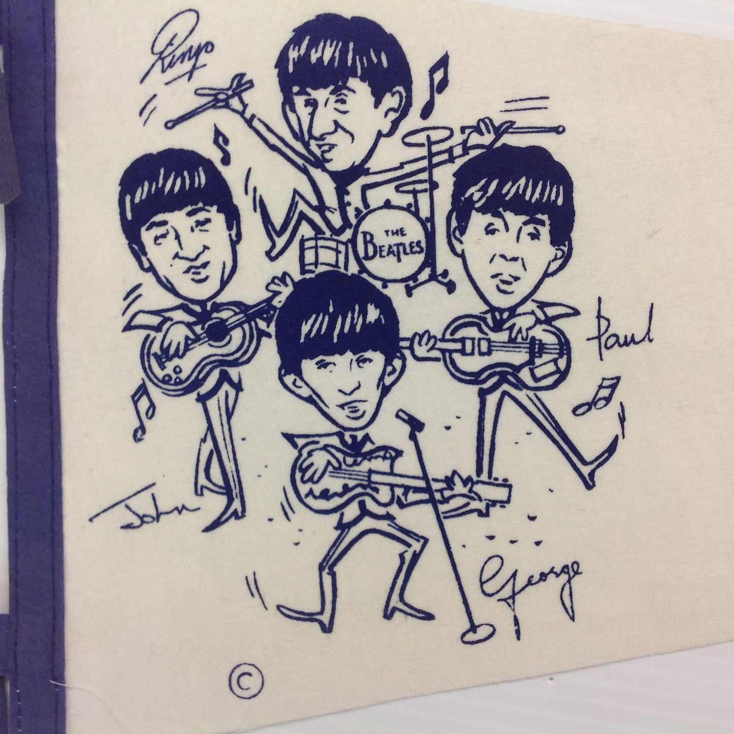 Vintage 1960's Souvenir White with Blue Graphics Caricature The Beatles Felt Pennant