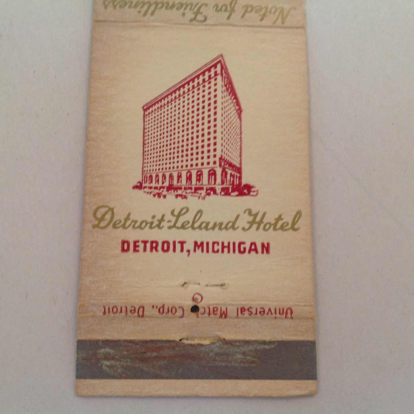 Vintage Matchbook Cover Detroit-Leland Hotel Noted for Friendliness Grenadier Room
