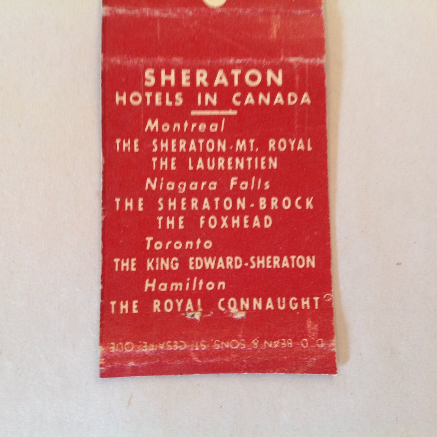Vintage Matchbook Cover Sheraton Hotels Canada Original Logo Lamp Urn Locales