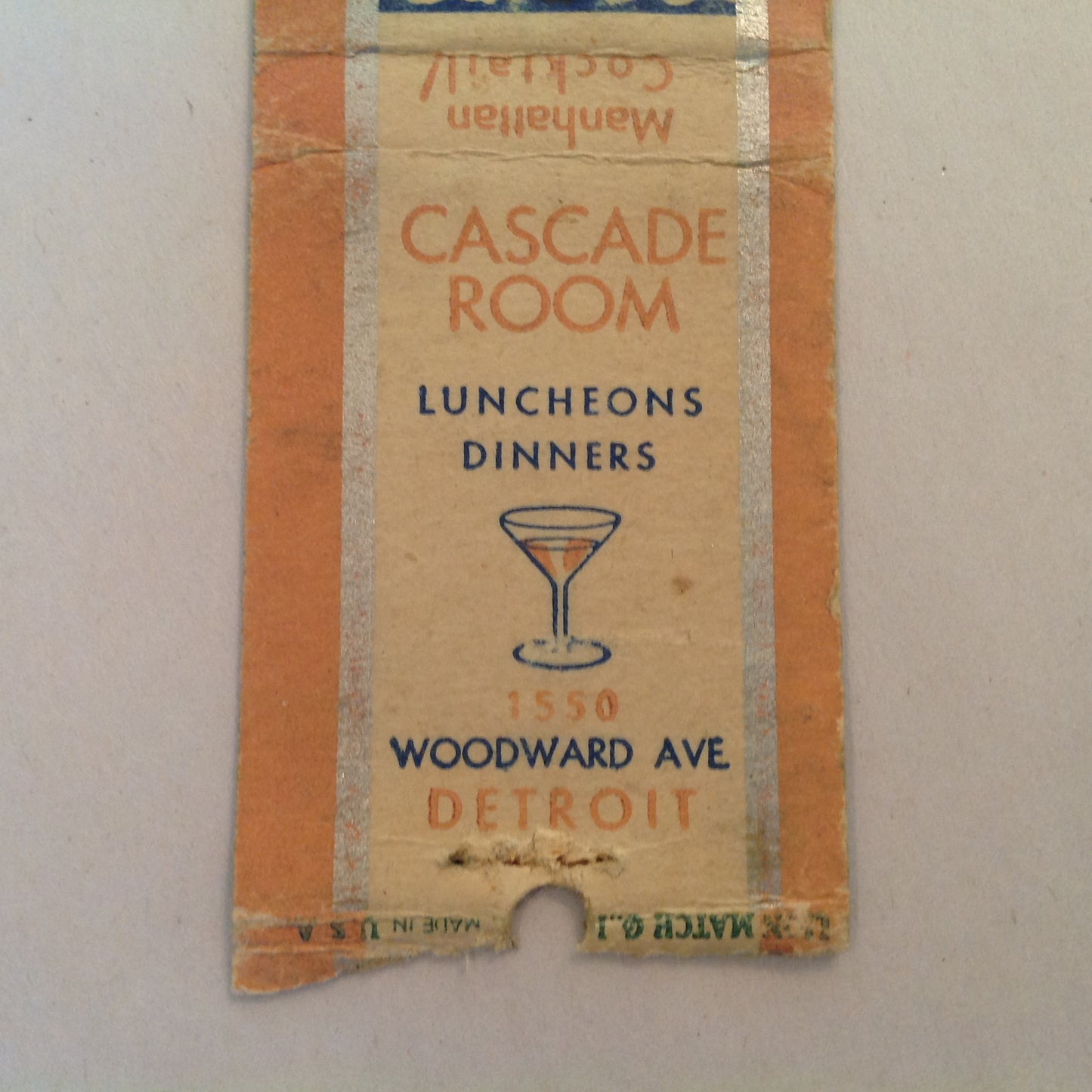 Vintage Matchbook Cover Cascade Room Luncheons Dinners Cocktails Woodward Detroit MI