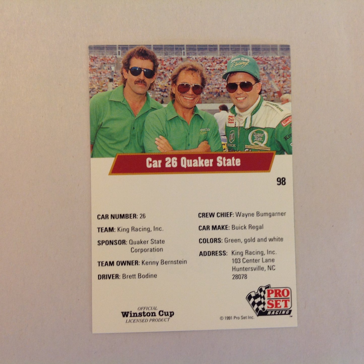 Vtg 1991 Pro Set Racing Signed Card Brett Bodine QS Oil 26 NASCAR Autographed