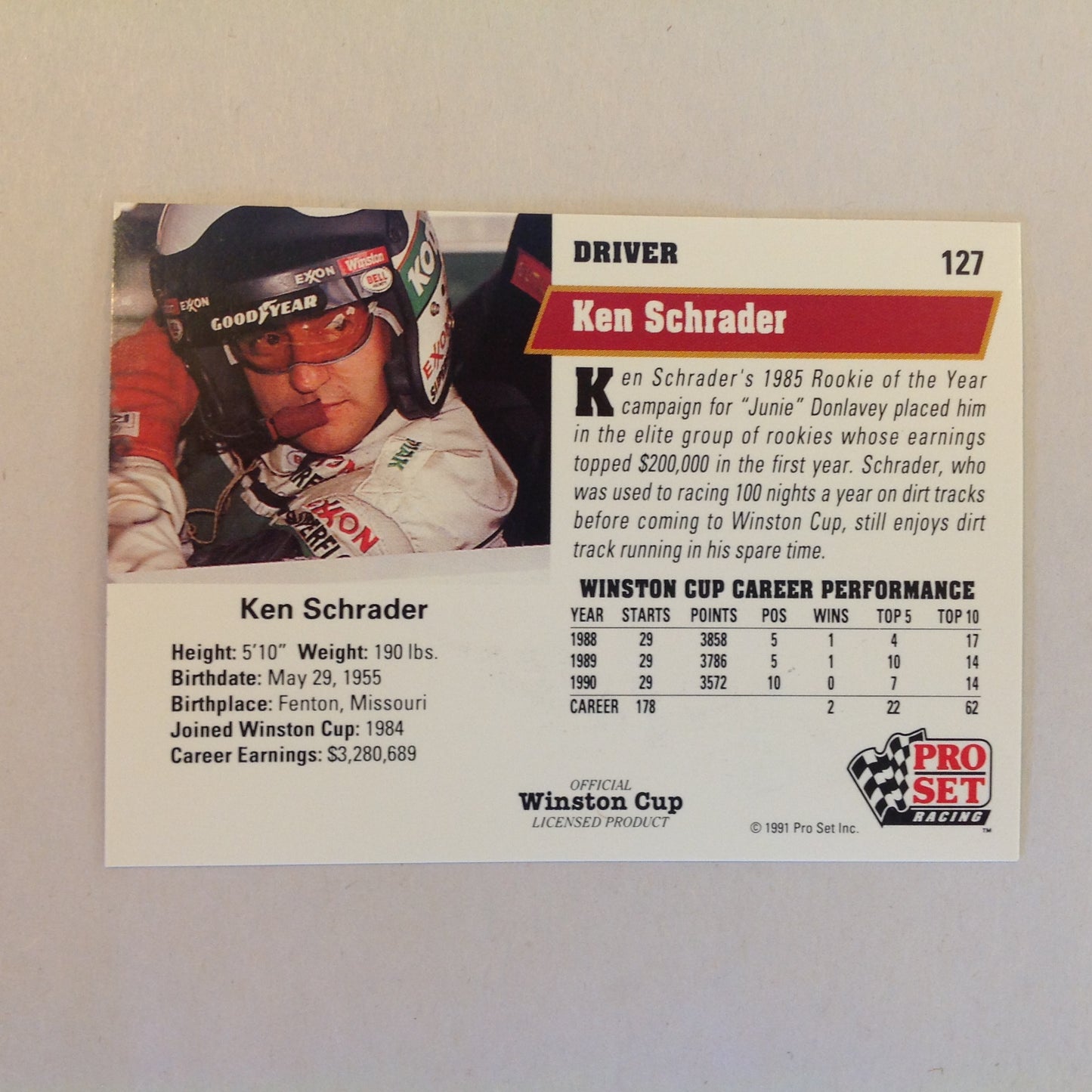 Vtg 1991 Pro Set Racing Signed Card Ken Schrader Chevy Cap NASCAR Autographed