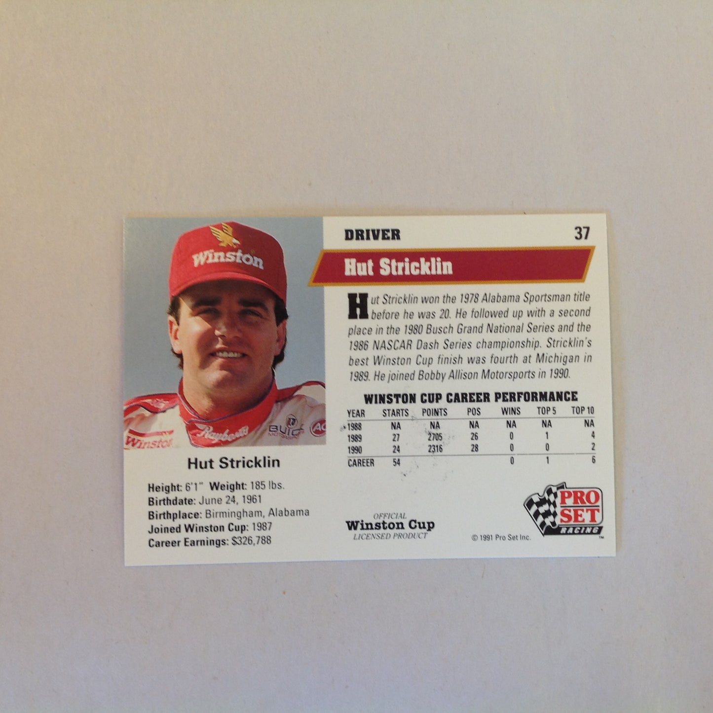 Vtg 1991 Pro Set Racing Signed Card Hut Stricklin Head Shot NASCAR Autographed