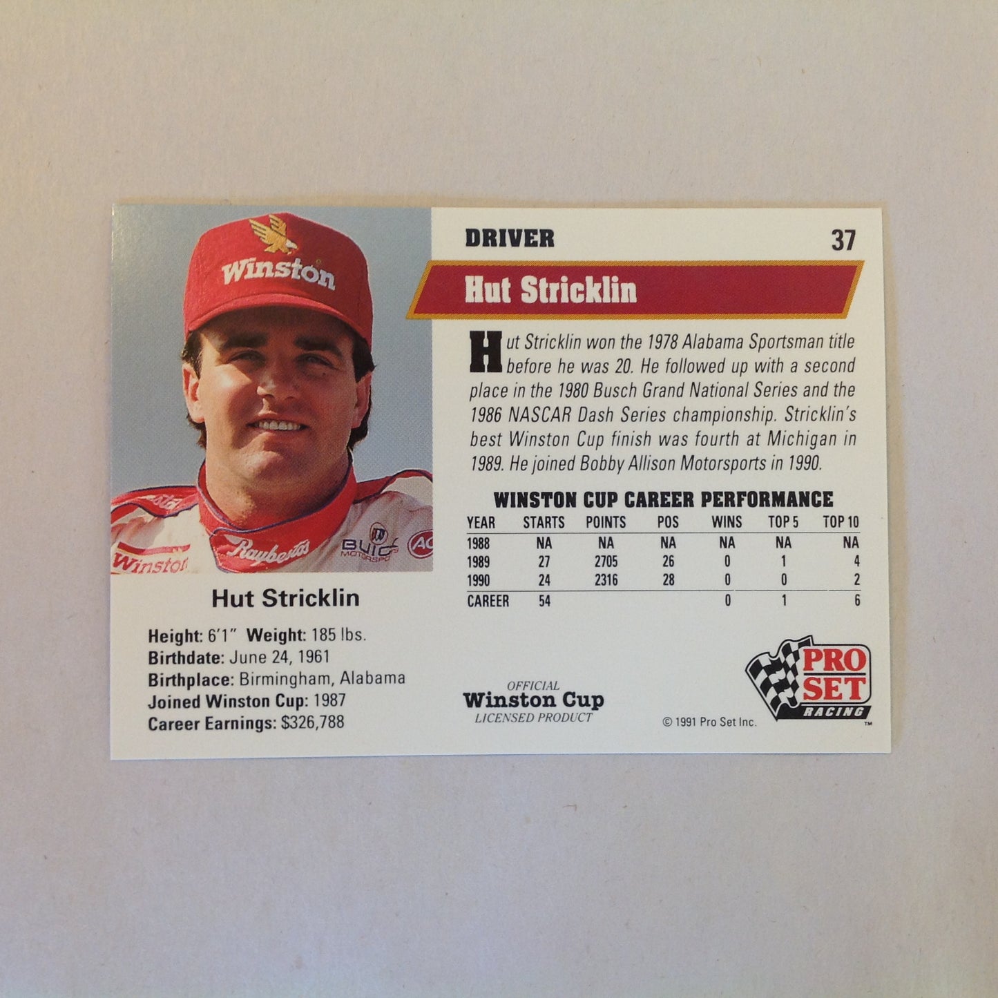 Vtg 1991 Pro Set Racing Signed Card Hut Stricklin Head Shot NASCAR Autographed