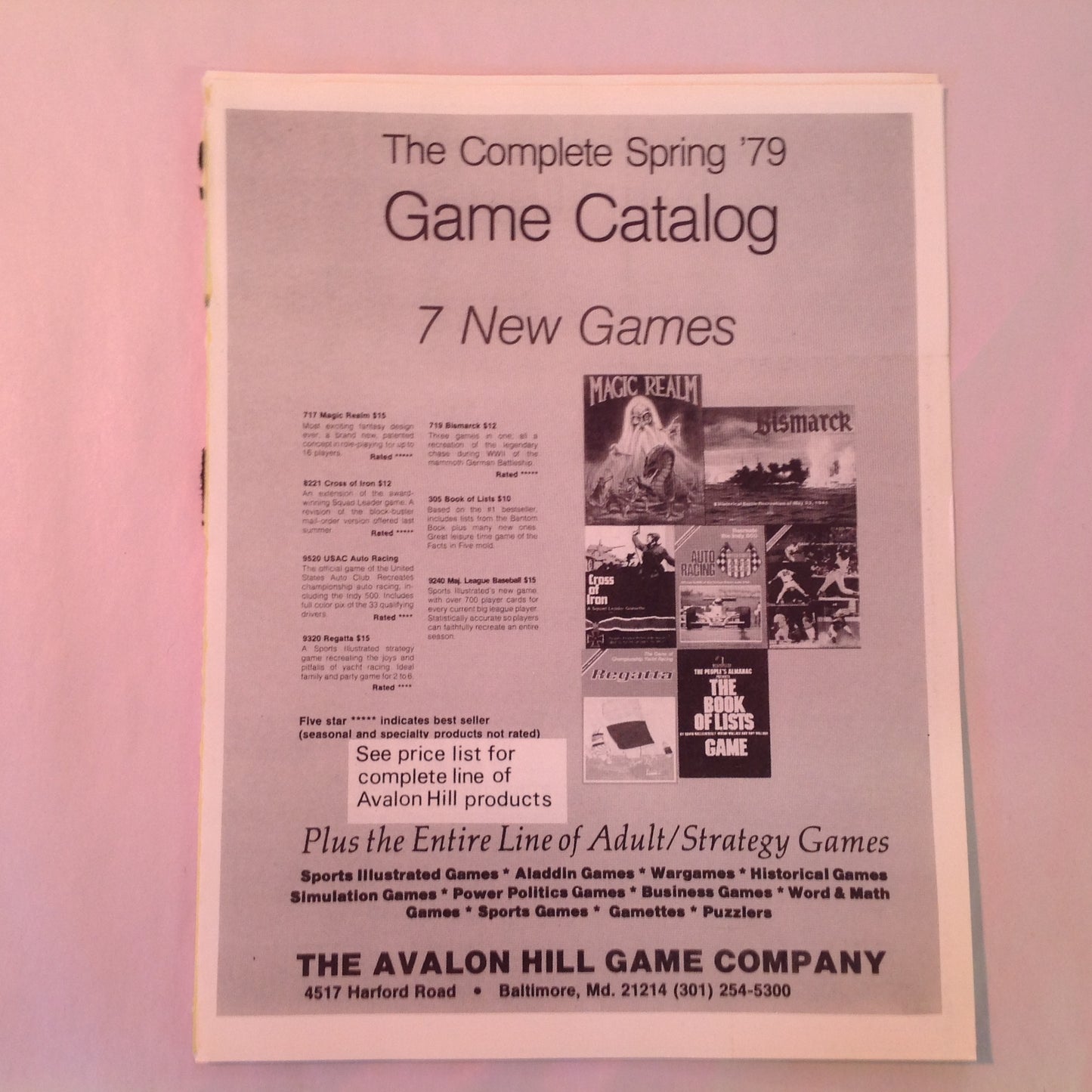 Vintage 1979 The Complete Spring '79 Game Catalog Avalon Hill Game Co Info Sheet MD