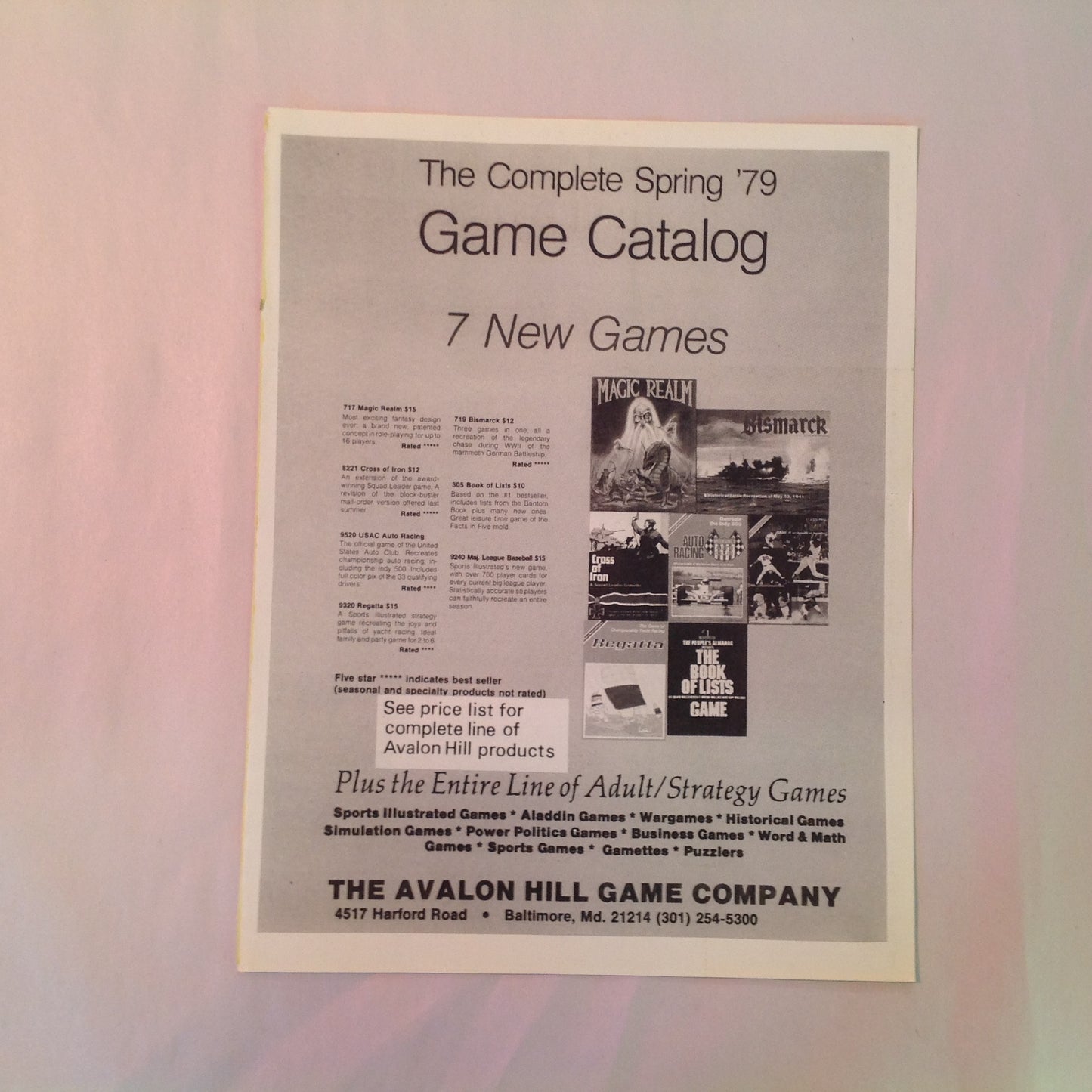 Vintage 1979 The Complete Spring '79 Game Catalog Avalon Hill Game Co Info Sheet MD