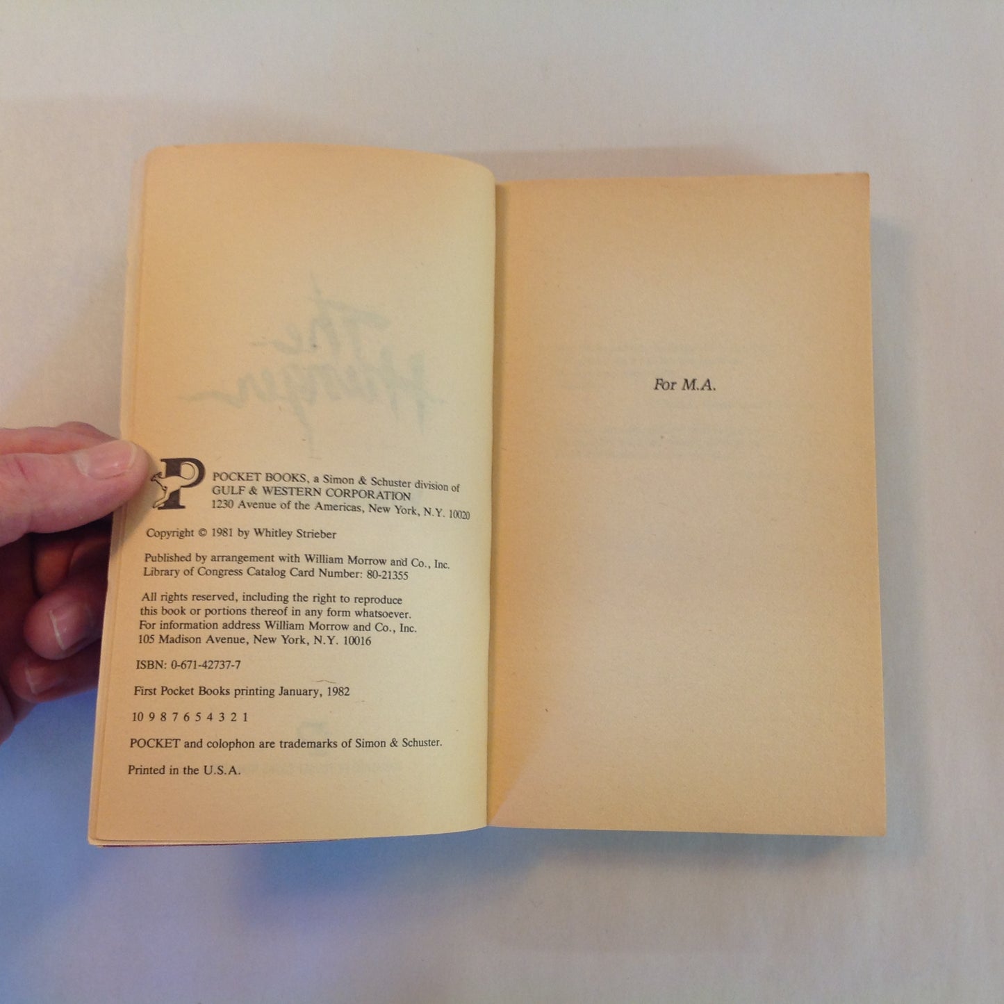 Vintage 1982 Mass Market Paperback The Hunger Whitley Strieber Pocket First Edition