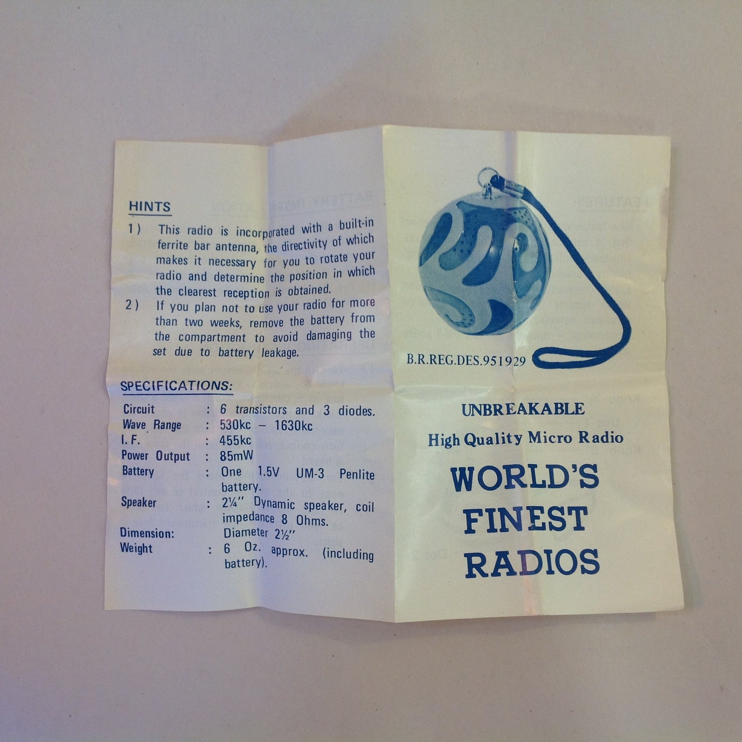 Vintage Solid State C-Tone Model H.I. 73 High Quality Unbreakable Micro Radio Yellow Globe w/Chain and Box Hong Kong