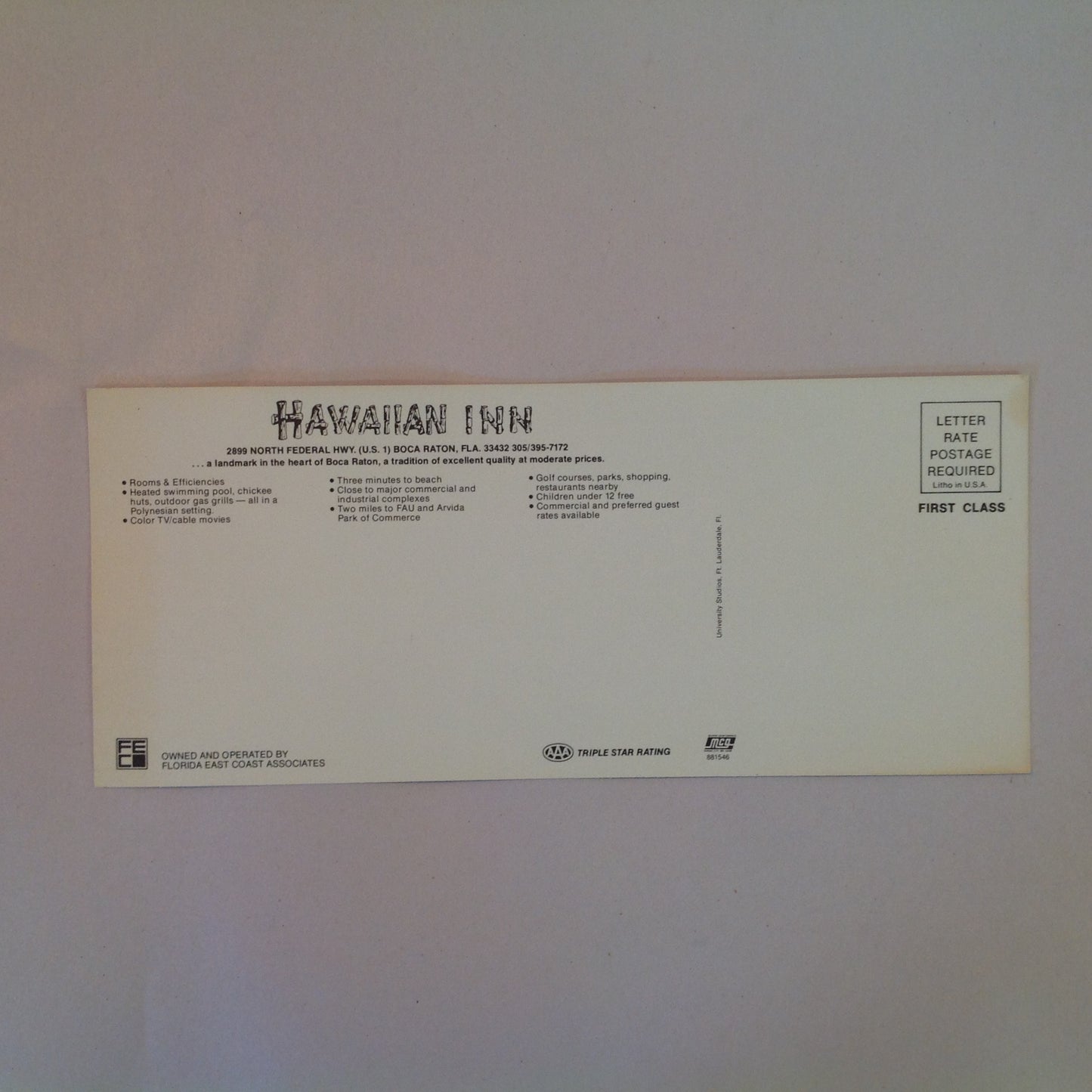 Vintage Souvenir Color Elongated Postcard Hawaiian Inn Boca Raton Florida