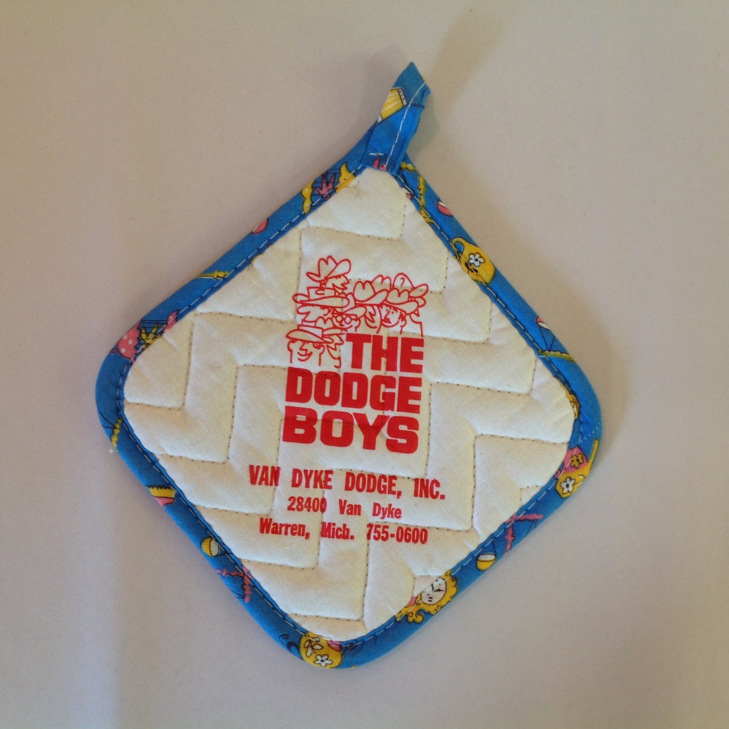 Vintage The Dodge Boys Pot Holder Hot Pad Van Dyke Dodge NOS Unused Blue Detroit MI