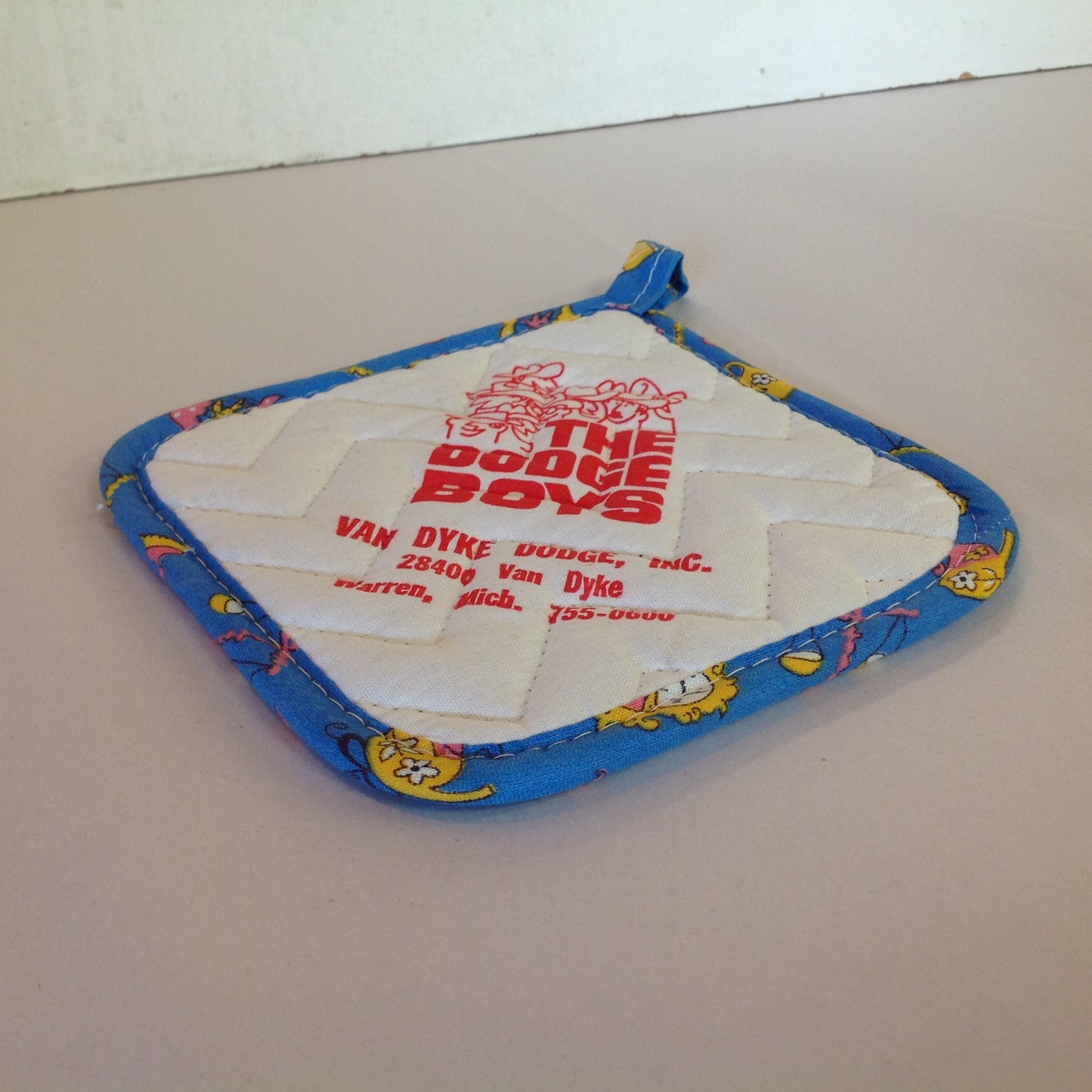 Vintage The Dodge Boys Pot Holder Hot Pad Van Dyke Dodge NOS Unused Blue Detroit MI