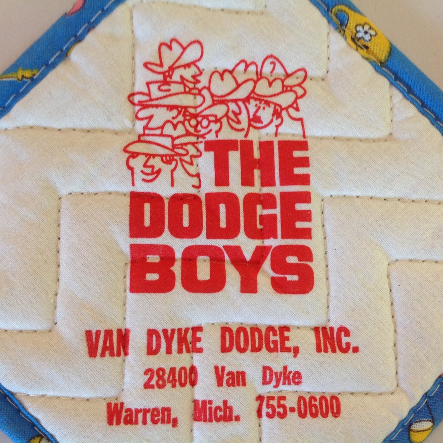 Vintage The Dodge Boys Pot Holder Hot Pad Van Dyke Dodge NOS Unused Blue Detroit MI