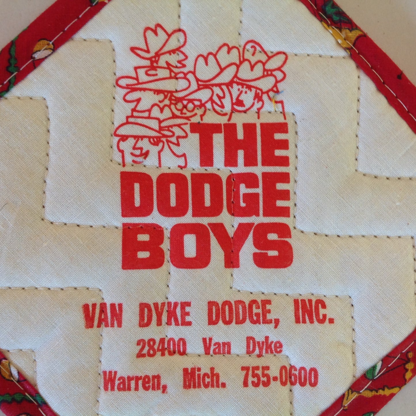 Vtg The Dodge Boys Pot Holder Hot Pad Van Dyke Dodge NOS Unused Red Detroit MI