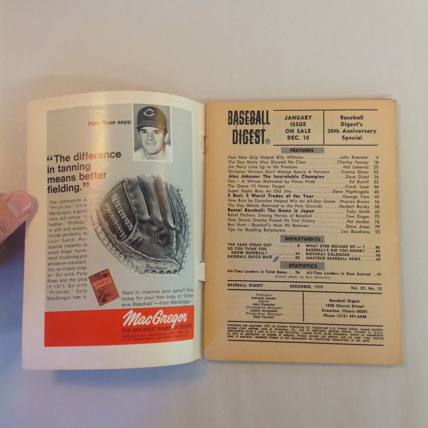 Vintage December 1970 Baseball Digest Magazine Billy Williams: Baseball Digest's Player of the Year