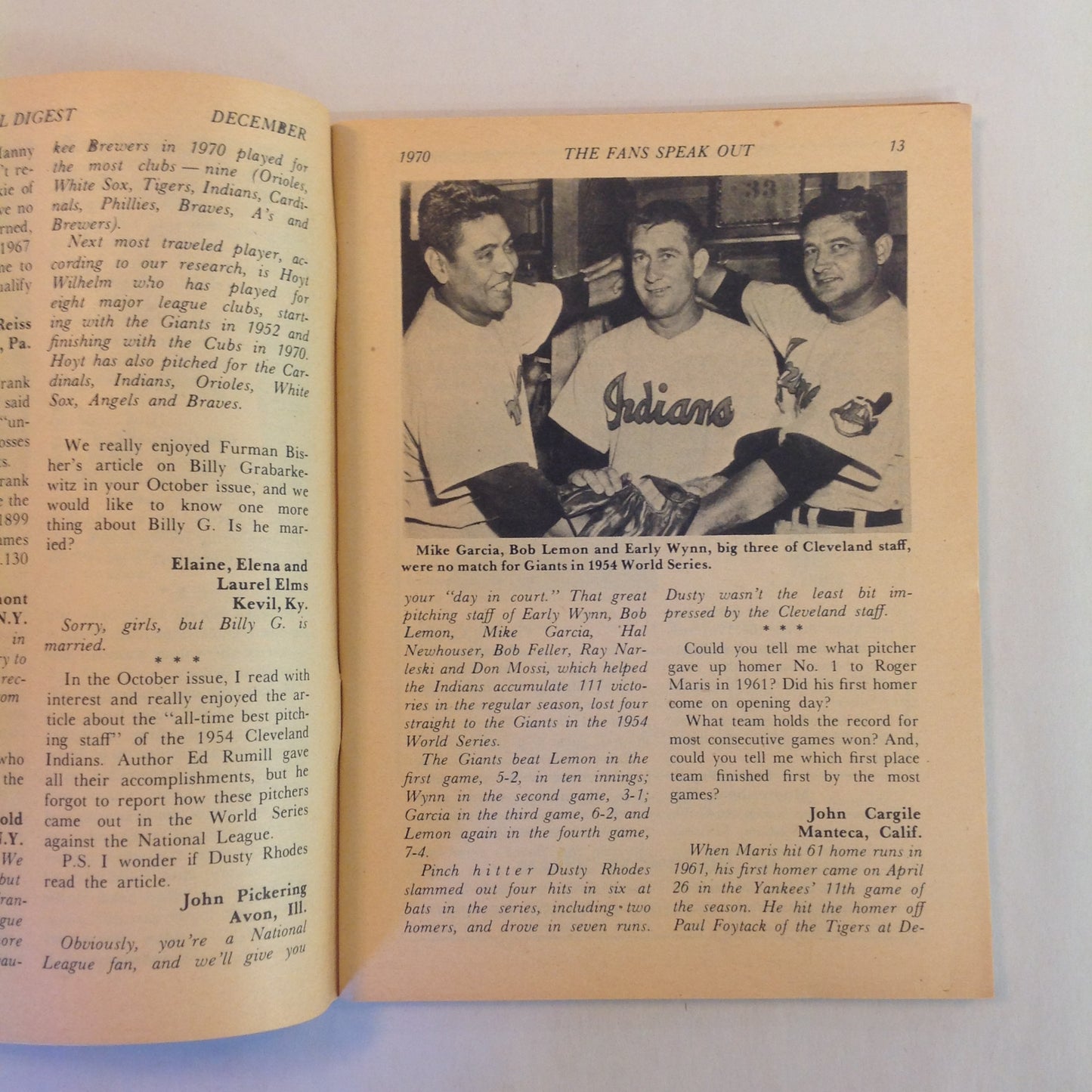 Vintage December 1970 Baseball Digest Magazine Billy Williams: Baseball Digest's Player of the Year