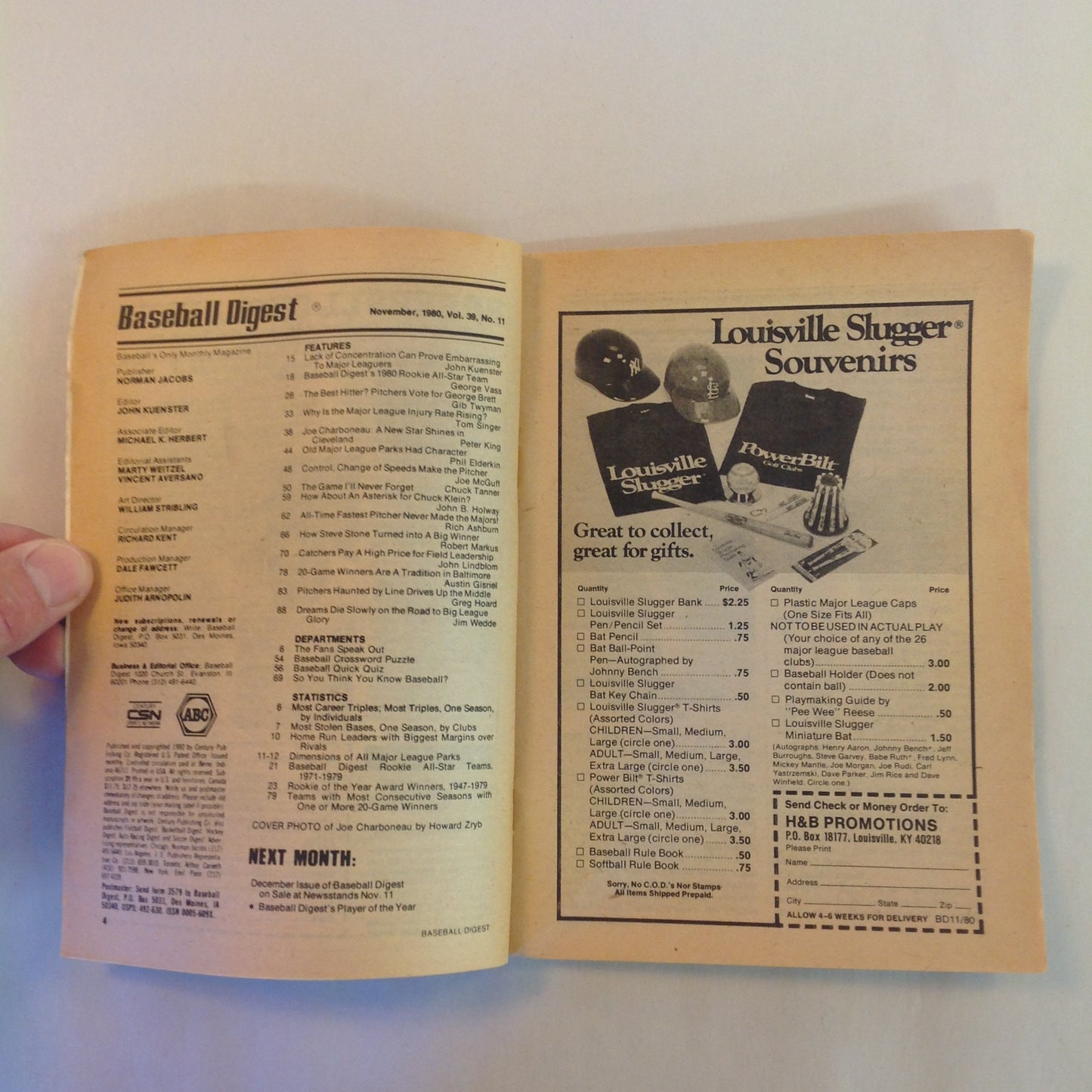 Vintage Nov 1980 Baseball Digest Magazine Joe Charboneau: A New Star Twinkles in Cleveland