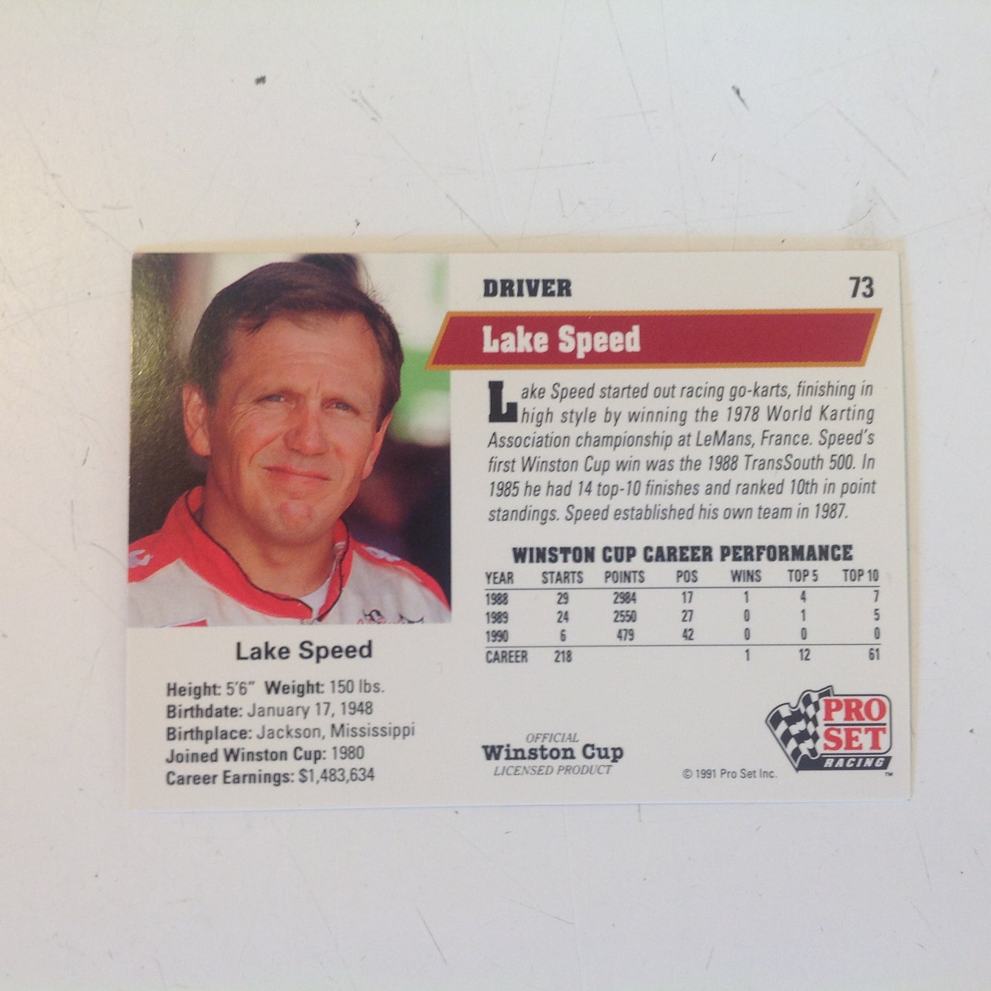 Vintage 1991 Pro Set Racing Signed Trading Card Lake Speed NASCAR Autographed