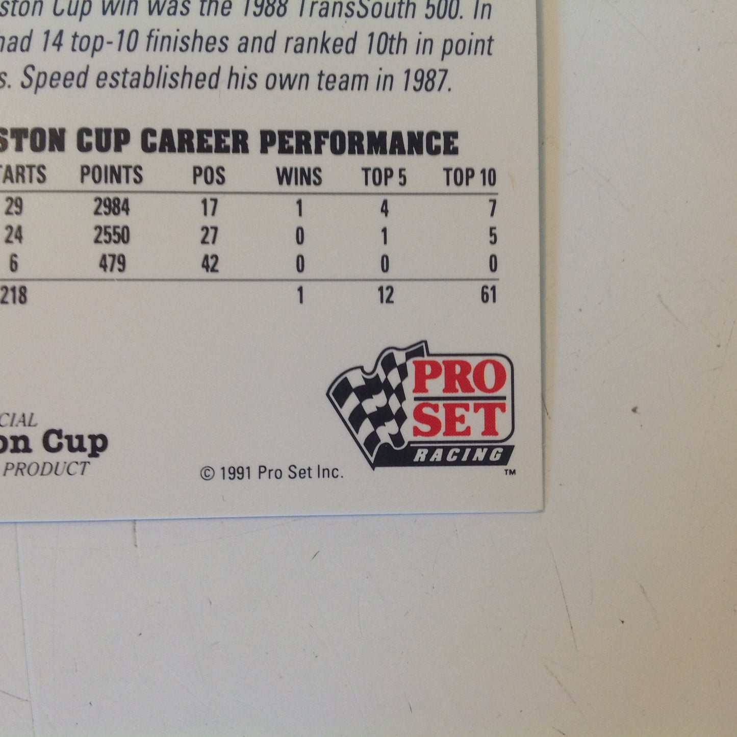 Vintage 1991 Pro Set Racing Signed Trading Card Lake Speed NASCAR Autographed