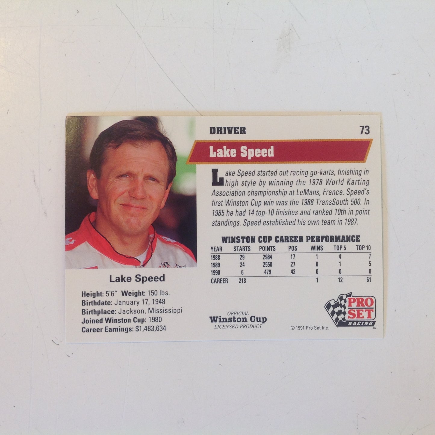 Vintage 1991 Pro Set Racing Signed Trading Card Lake Speed NASCAR Autographed