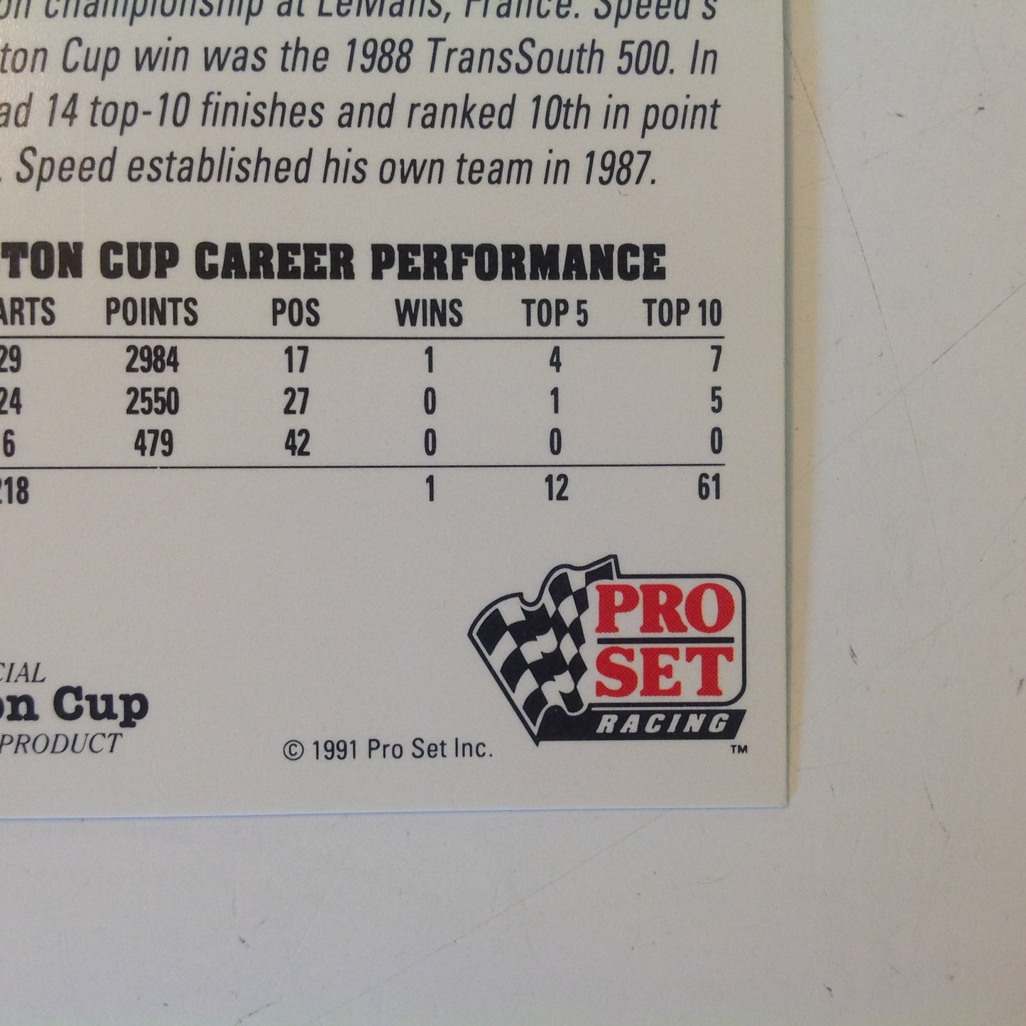 Vintage 1991 Pro Set Racing Signed Trading Card Lake Speed NASCAR Autographed