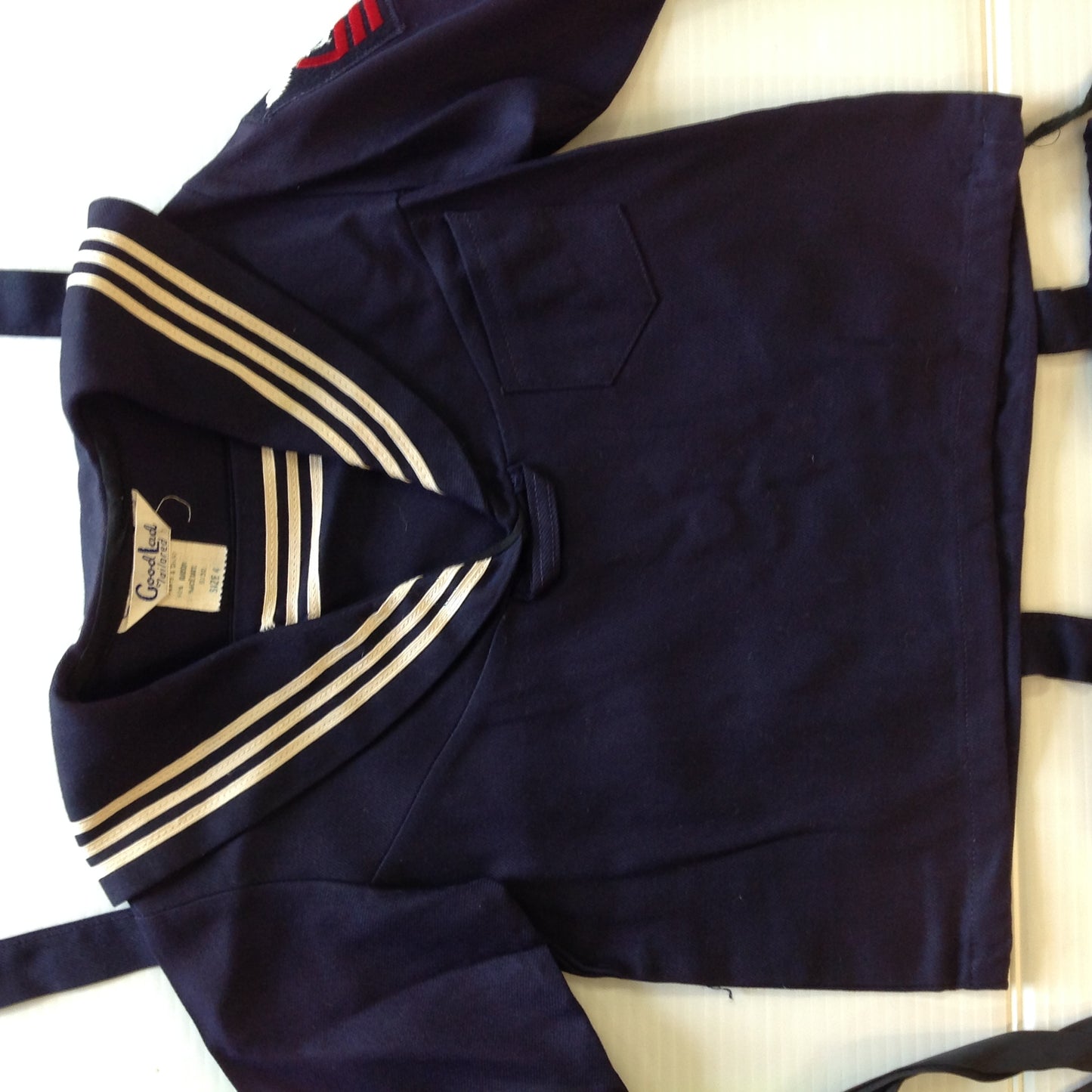 Vintage Good Lad Tailored Rayon Blue Child's Navy Uniform Sailor Shirt Suspender Pants Tie