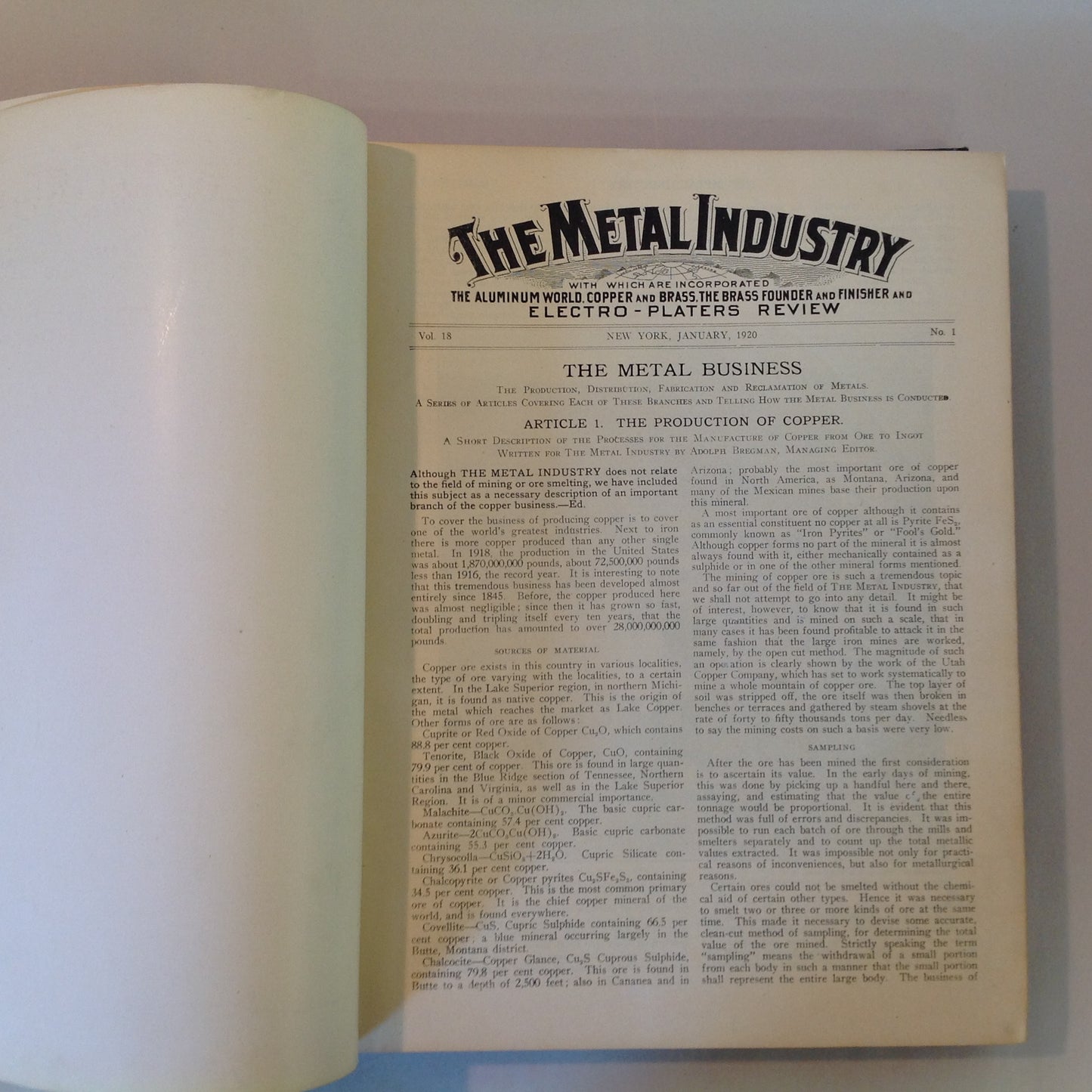 Antique 1920 Hardcover The Metal Industry Volume 18: January-December 1920 Trade Publications Bound