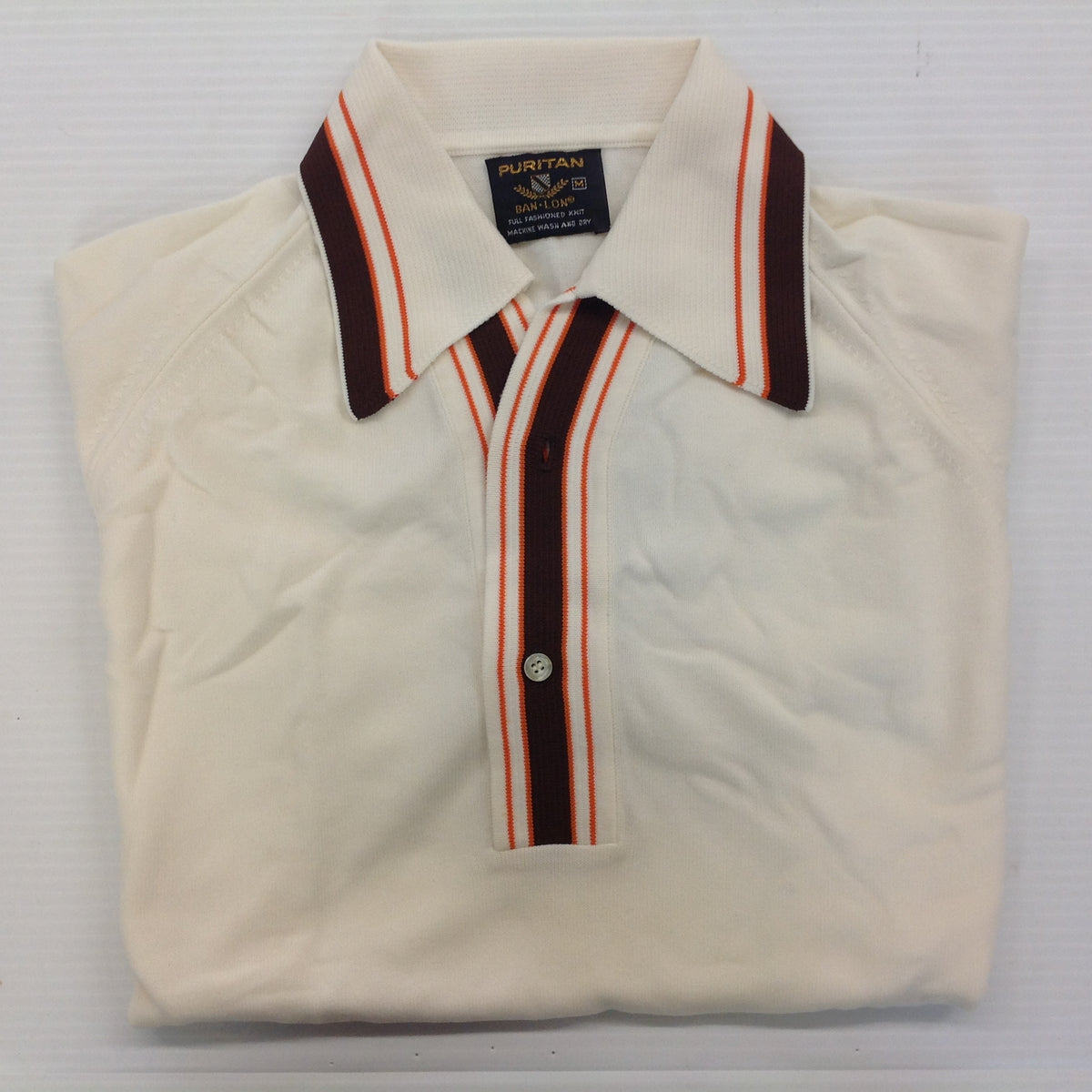 Vintage 1970's Puritan Ban-Lon Knit Short Sleeve Collared Shirt Cream Brown Orange
