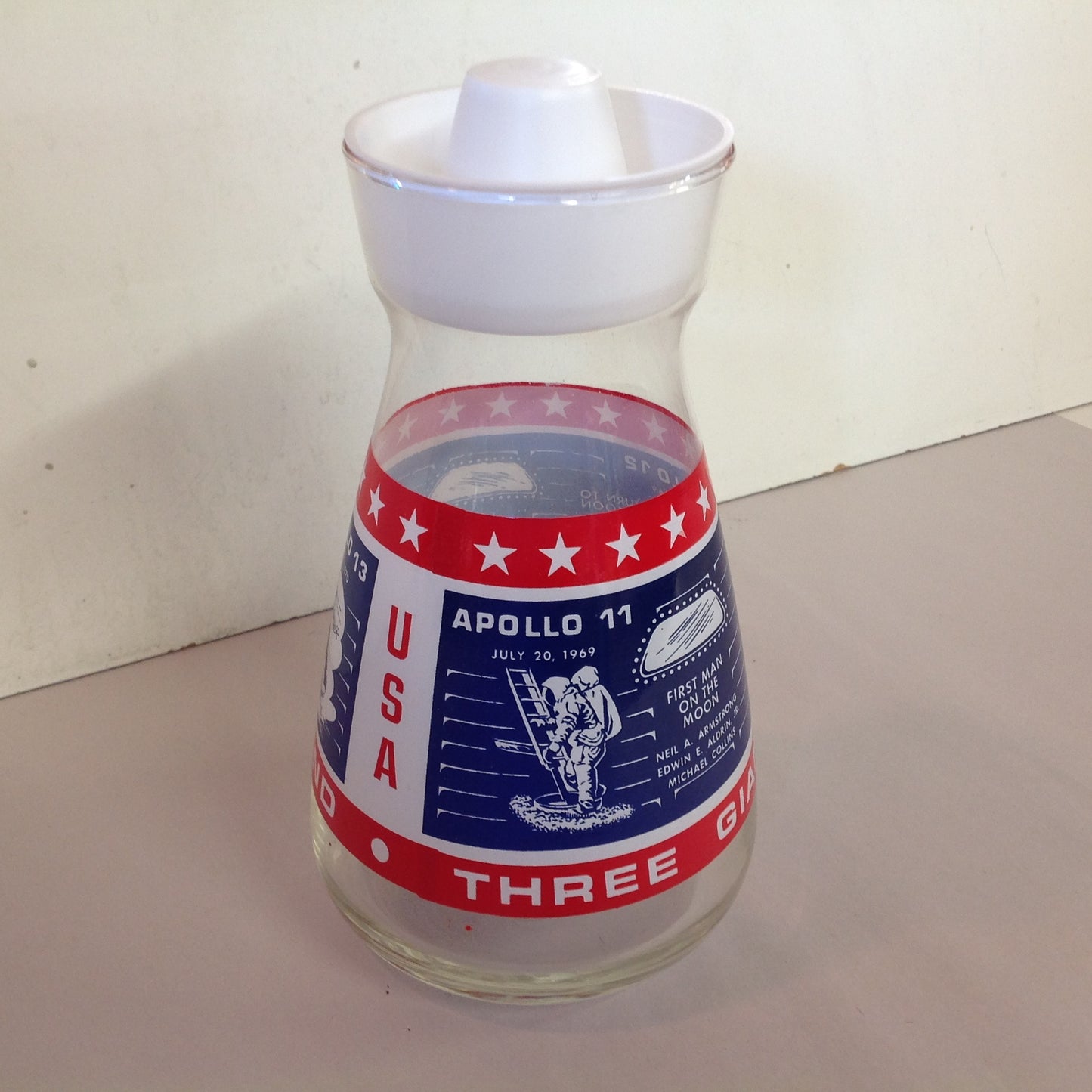 Vintage NOS Libbey Glass 1969 Commemorative Apollo 11 12 13 Carafe Blue Red USA Three Giant Leaps for Mankind