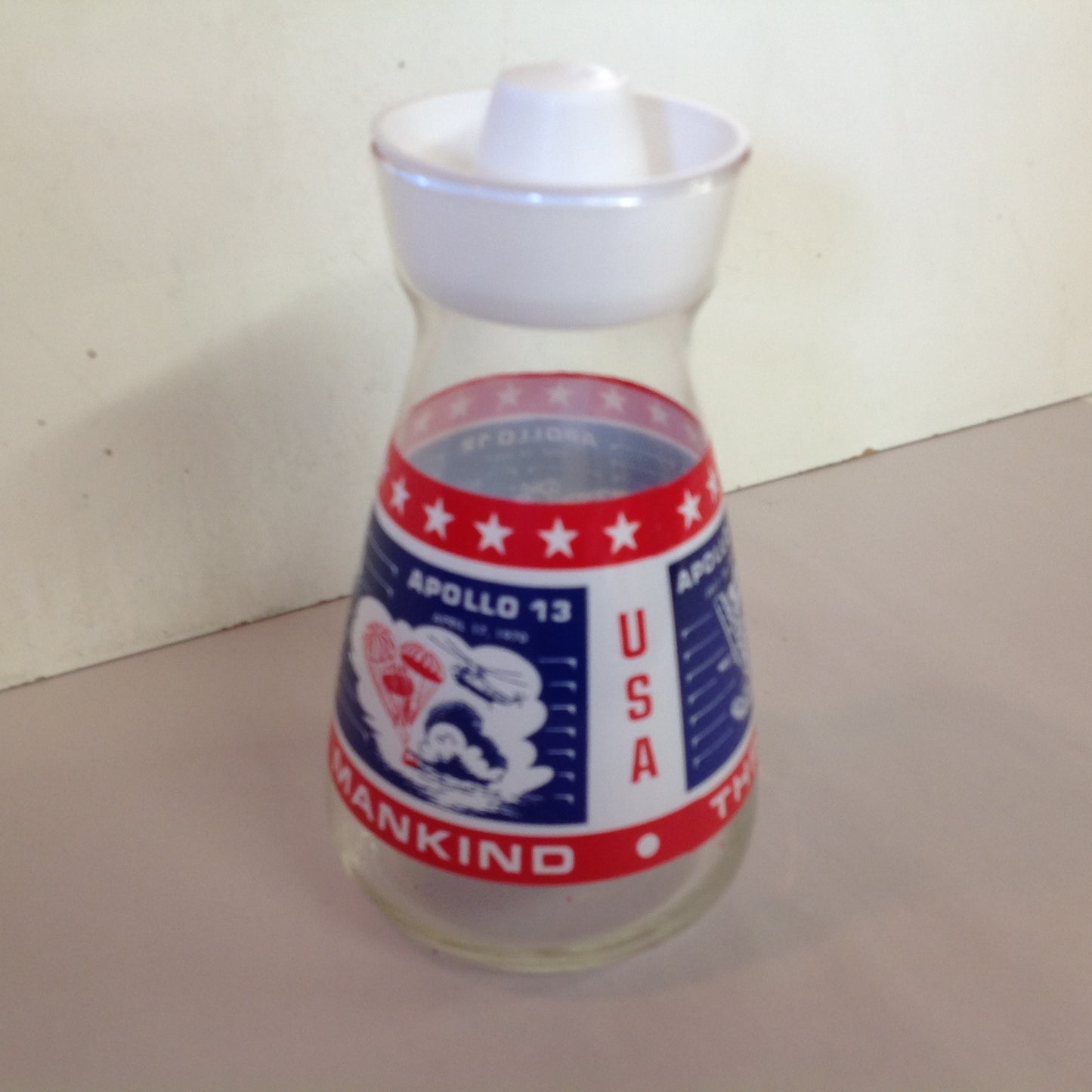Vintage NOS Libbey Glass 1969 Commemorative Apollo 11 12 13 Carafe Blue Red USA Three Giant Leaps for Mankind