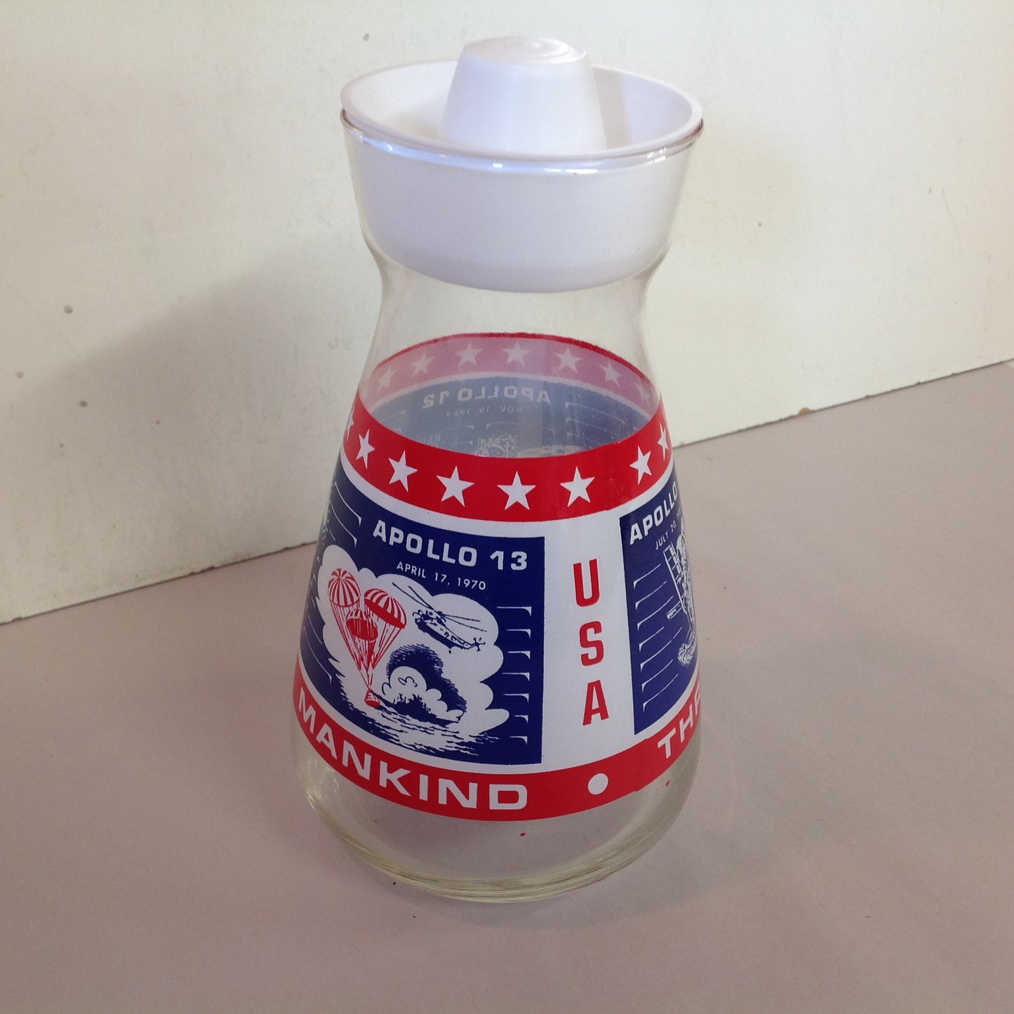 Vintage NOS Libbey Glass 1969 Commemorative Apollo 11 12 13 Carafe Blue Red USA Three Giant Leaps for Mankind