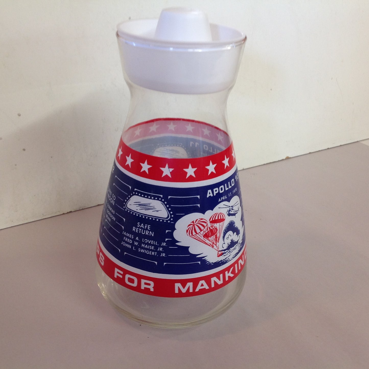 Vintage NOS Libbey Glass 1969 Commemorative Apollo 11 12 13 Carafe Blue Red USA Three Giant Leaps for Mankind